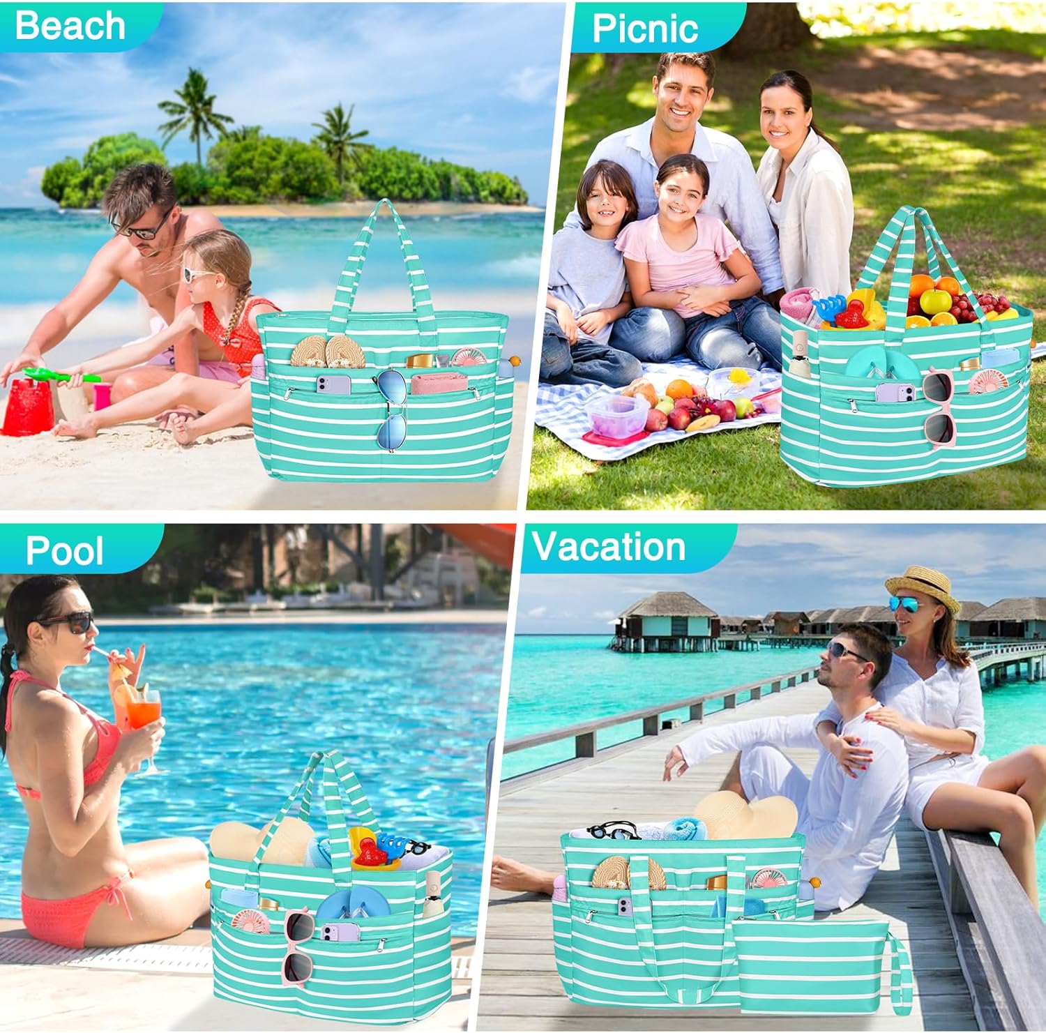 HUANLANG Extra Large Beach Bag Waterproof Beach Totes Bags for Women Men,Pool Bag with Zipper Wet Pocket - Image 7