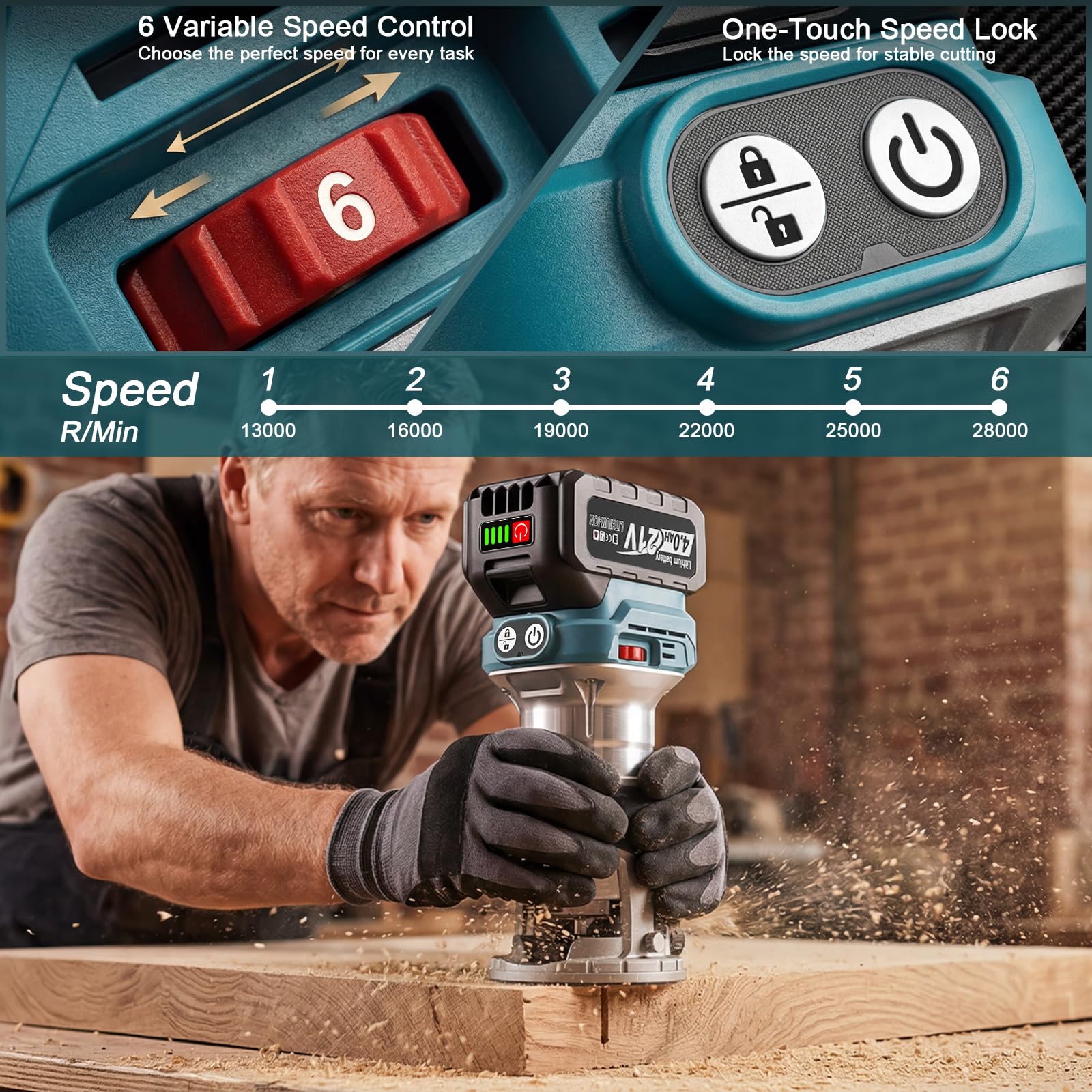 Yofuly Akku Oberfräse Kompatibel mit Makita 18V Akku, 800W Bürstenloser Akku-Kantenfräse Einhandfräse Set, 6 Geschwindigkeit 28000RPM, Aluminum Holzfräser für Holz (Ohne Batterien)