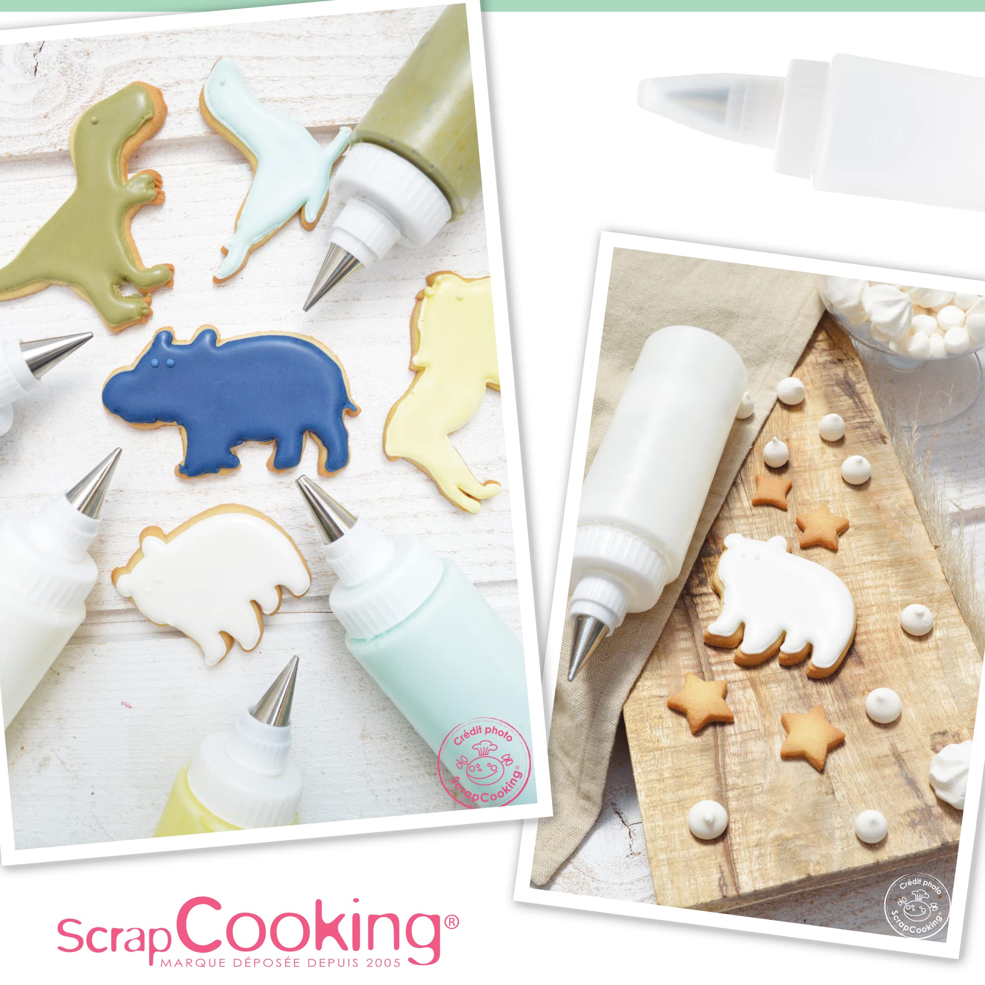 ScrapCooking - Zestaw 2 butelek do squeezerów + nasadki 185 ml - Do lodów ciast, ciasteczek, piaskowania, deserów - sosów czekoladowych - Elastyczne tworzywo spożywcze - Butelka kuchenna - 5165