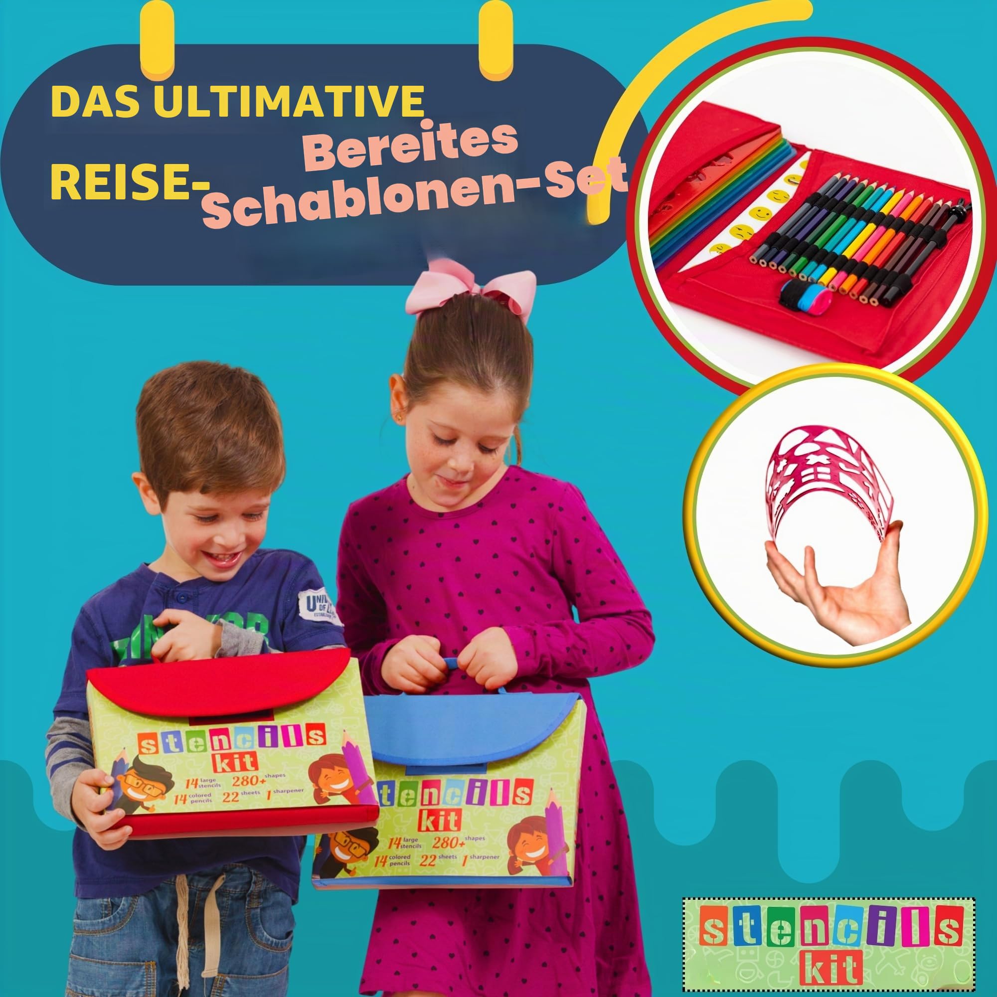 Art with smile Zeichenschablonen für Kinder-Set und Tragetasche – – kindersicheres, ungiftiges Schablonen-Set mit 300 Formen, Buntstiften, Papier usw. – Reise-Kunstzubehör für Kreativität, Lernen