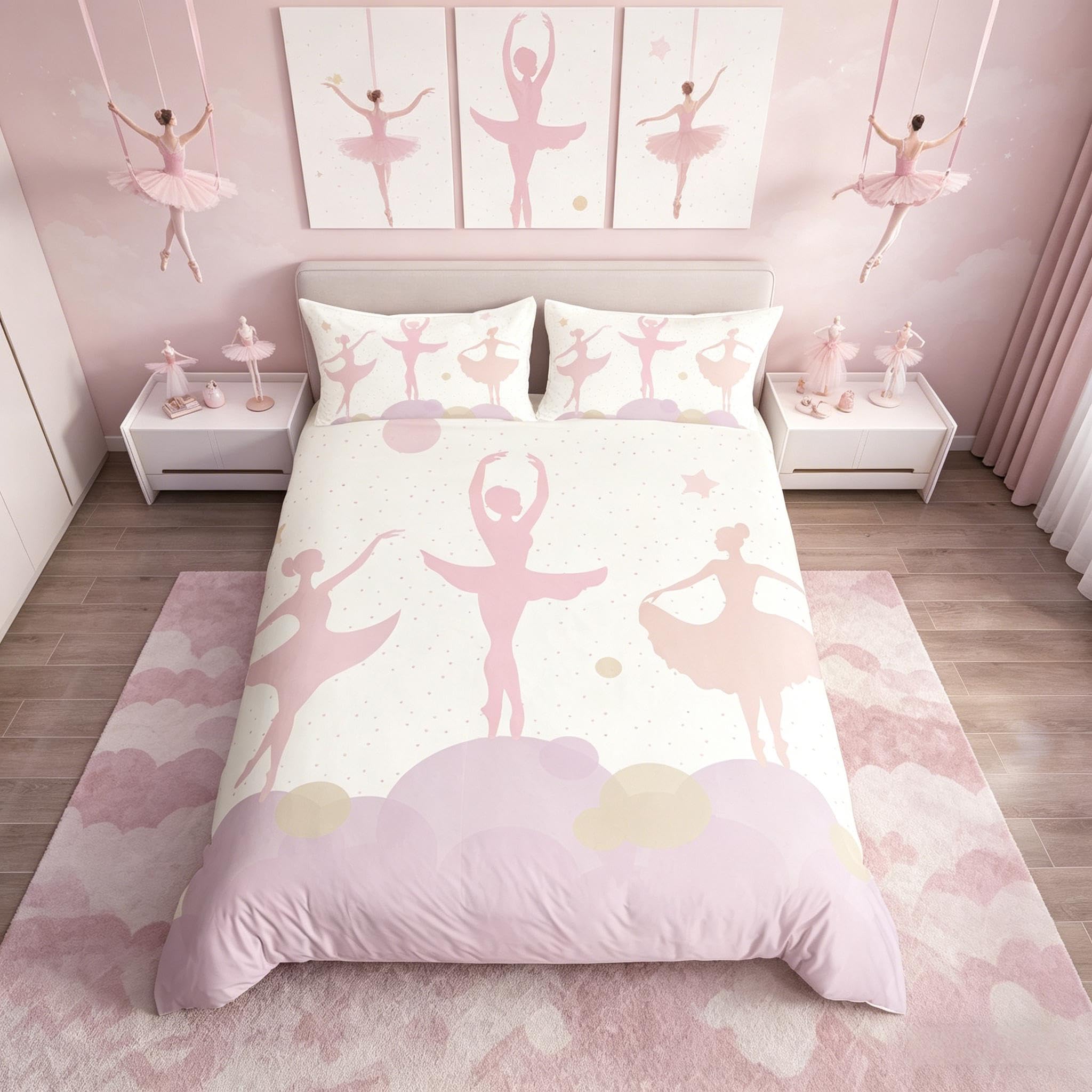 Homemissing Girls' Dance Duvet Cover King Ballet Bedding Dance Gymnastics Bedding Set Pink Purple Microfiber Soft Bedding Set With 2 Pillowcases