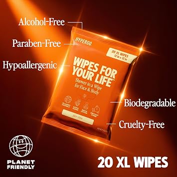 HyperGo XL Body Wipes for Women & Men 12 x12 Rinse-Free Full Body Cleansing Wipes 20 Count Pack - Citrus | Biodegradable, Hypoallergenic, Aloe-Infused | Gym, Festival, Camping Essentials