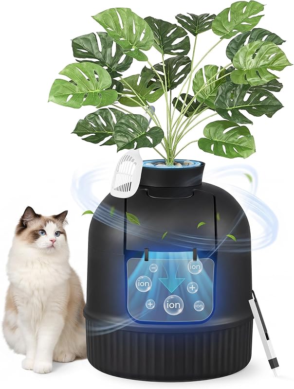 Plant Cat Litter Box Enclosure with Artificial Plant, Enclosed Hidden Litter Box Furniture with Door, Carbon Filter, Odor Control, Pebbles, Scoop, Brush, Ink Black UPPT006B101