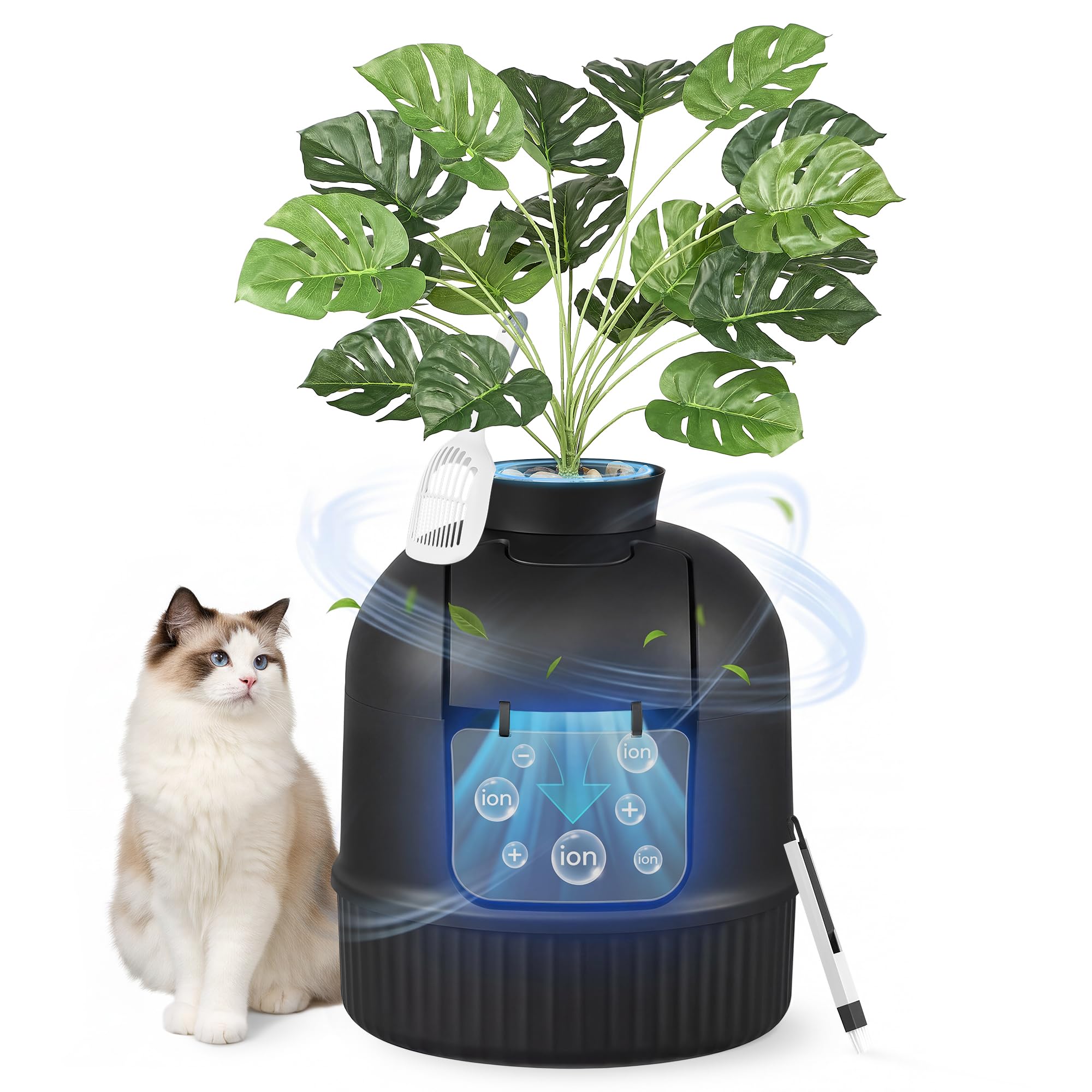 Feandrea Plant Cat Litter Box Enclosure with Artificial Plant, Enclosed Hidden Litter Box Furniture with Door, Carbon Filter, Odor Control, Pebbles, Scoop, Brush, Ink Black UPPT006B101