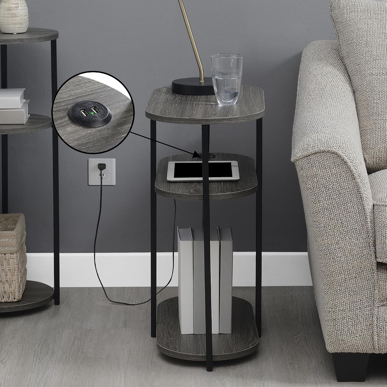 Convenience Concepts Simon Chairside End Table with USB Ports 23.75" - 3-Tier Oval Side Table for Family Room, Modern Shelves for Display in Living Room with Charging Station, Weathered Gray, Black