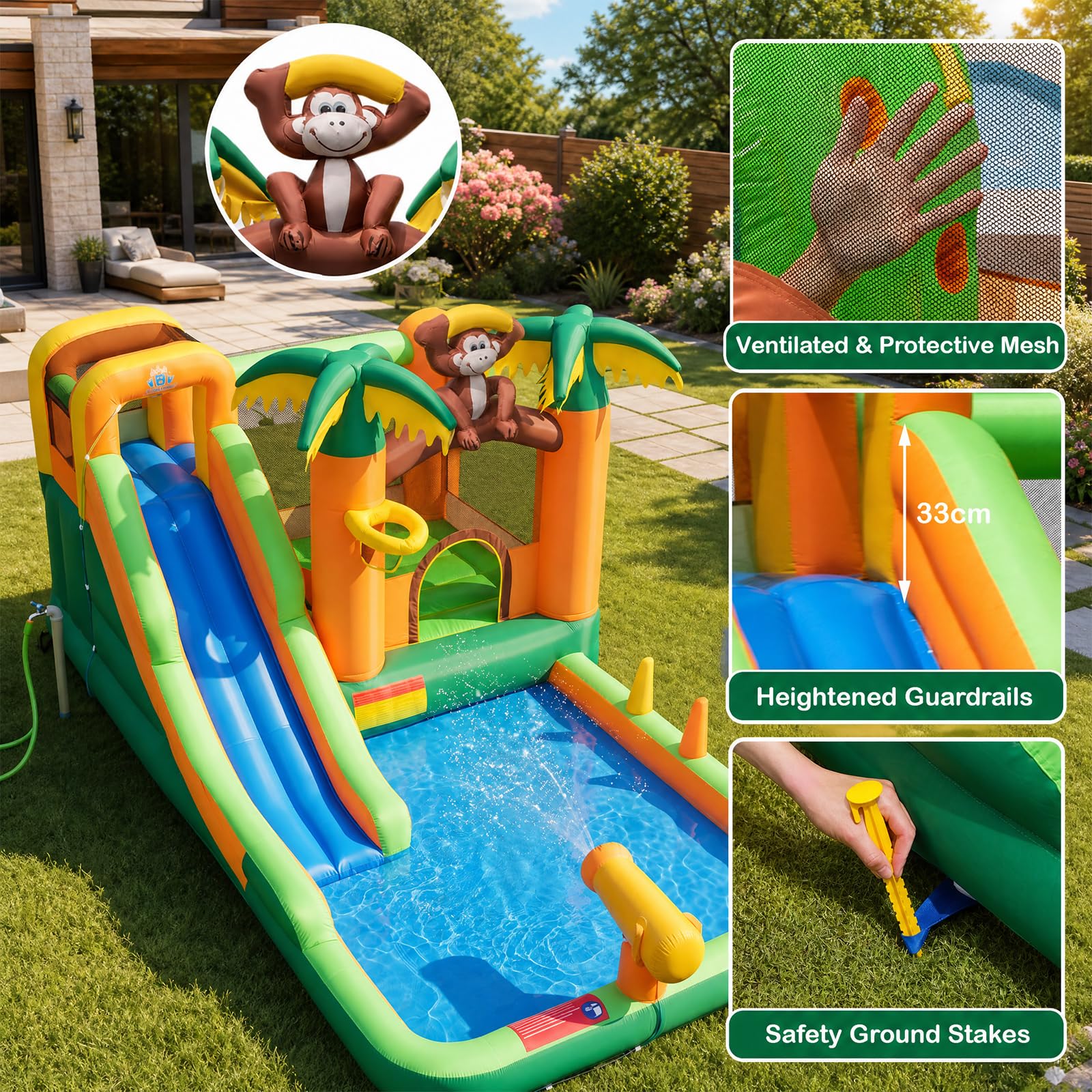GOPLUS 7 en 1 Castillo Hinchable Mono Parque Infantil Inflable con Tobogán, para 1-3 Niños de 90 kg, 50 Bolas Oceánicas Mono, con Soplador de 680 W