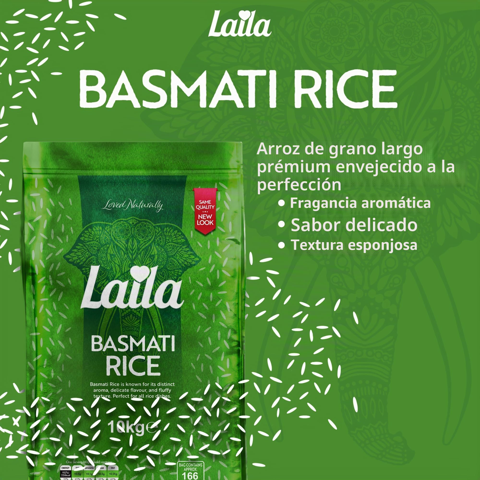 Laila Arroz Basmati de 10 kg, arroz aromático estilo Basmati, 10 kg de arroz basmati de grano largo para Biryani, Pilaf o Pulao, arroz sin gluten, arroz 100% puro de grano largo