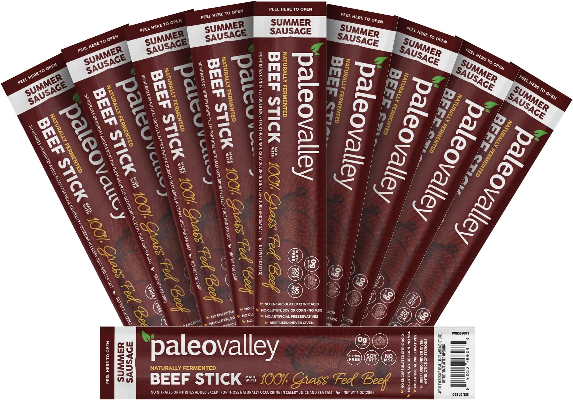 Paleovalley 100% Grass Fed Summer Sausage Beef Sticks - Delicious Gluten Free Beef Snack - High Protein Keto Friendly