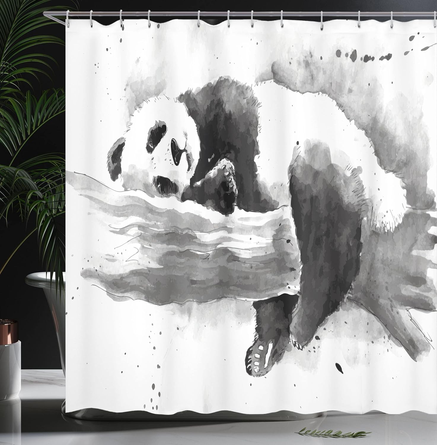 Ambesonne Panda Shower Curtain, Panda Lying on a Tree Branch Classic Watercolor Painting Style Art Print, Cloth Fabric Bathroom Decor Set with Hooks, 69" W x 75" L, White Charcoal Grey