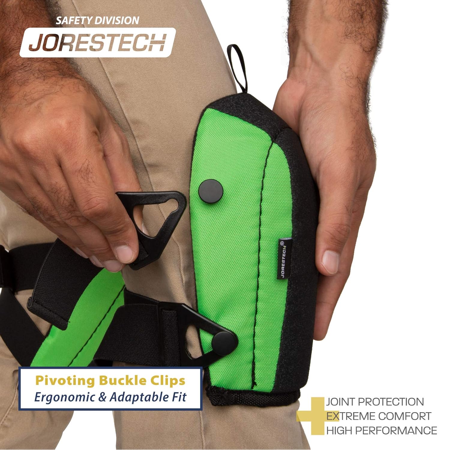 Person demonstrating how to attach and adjust JORESTECH knee pads using pivoting buckle clips for an ergonomic fit.