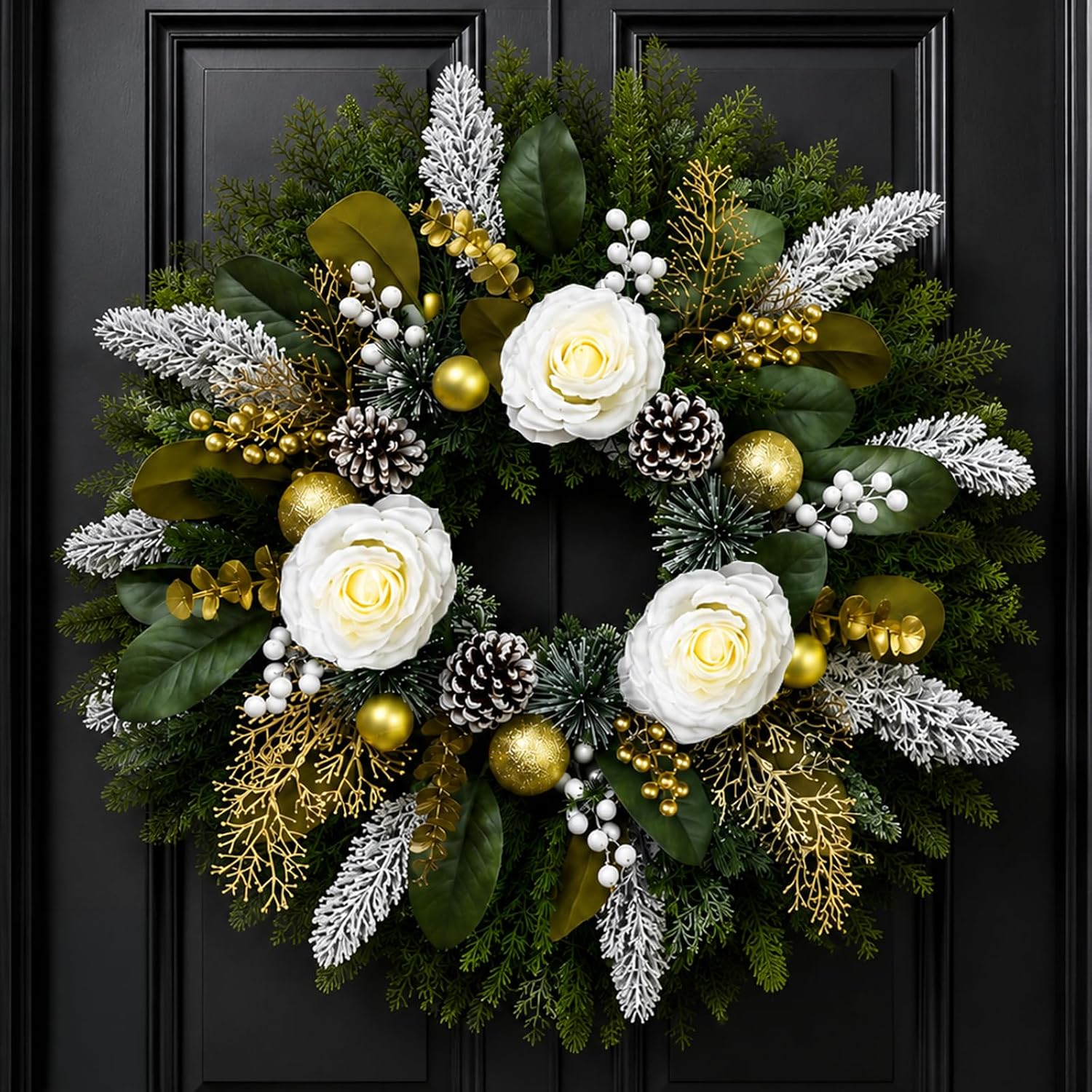 28 Inch Christmas Wreath for Front Door, White Rose Gold Winter Wreath