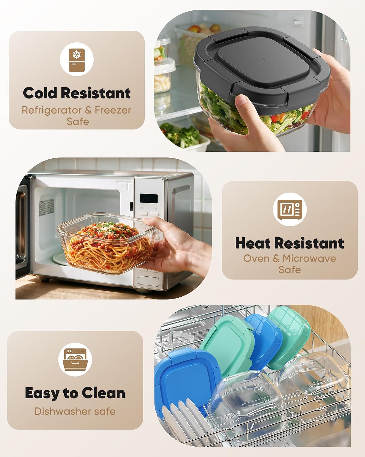 Canfanni Glass Salad Container, 56oz Bowl with Airtight Lids, Bento Box