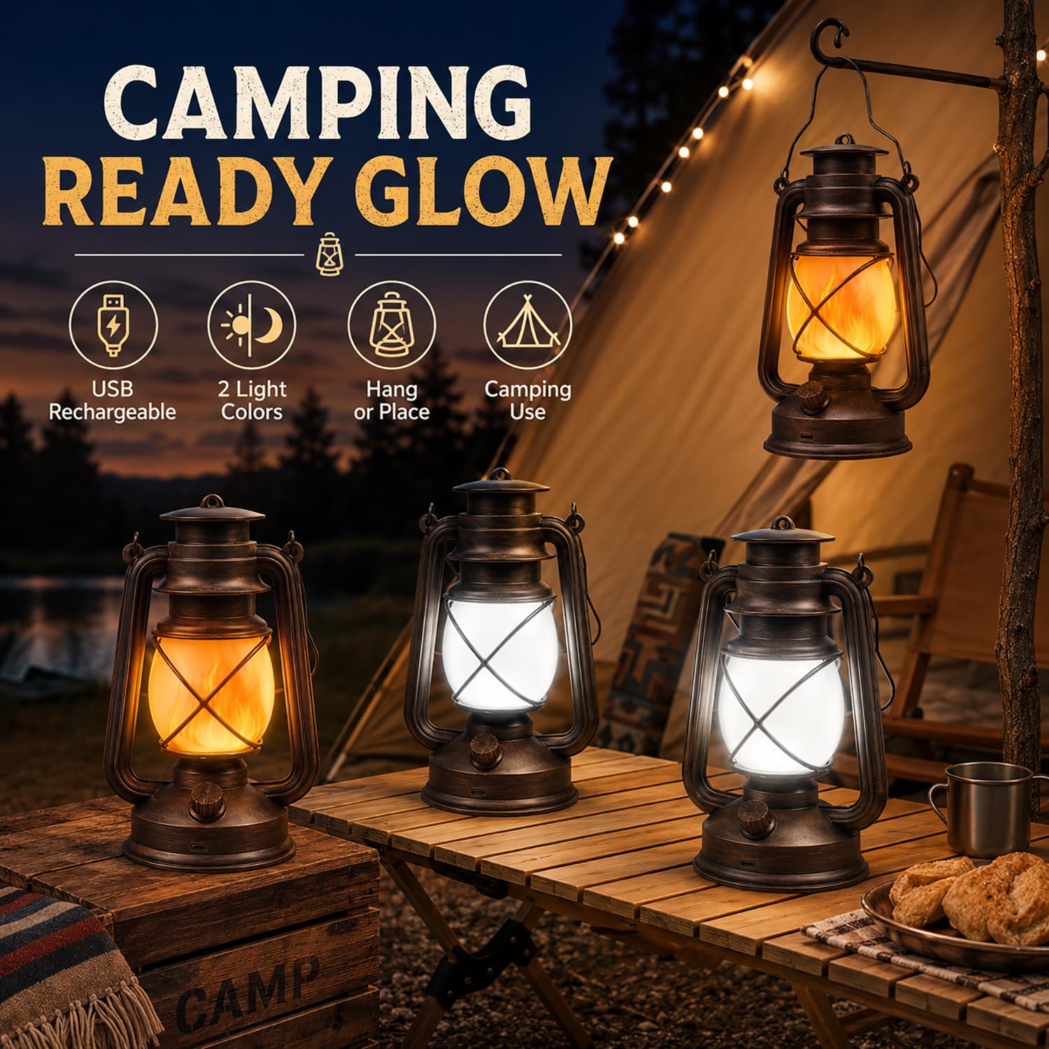Wiederaufladbare LED-Laternen, 4 Stück, USB-Aufladung, Vintage-Bronze, Campinglampen mit flackernder Flamme, Fernbedienung, 4 Modi, Hängeleuchten für Terrasse, Garten, Veranda, Hinterhof, Innen- und