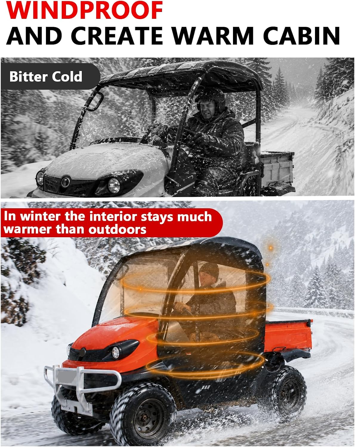 StarknightMT Windproof Cab Enclosure Compatible with Kubota RTV 400 500 520 520D, Clear PVC Side Windows & Roll-up Side Panels, UV and Scratch Resistant