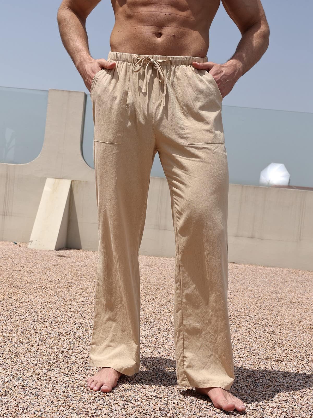 ALSOGO Men's Casual Linen Pants Elastic Drawstring Waist Summer Beach Yoga Long Trousers with Pockets(Khaki,Large)