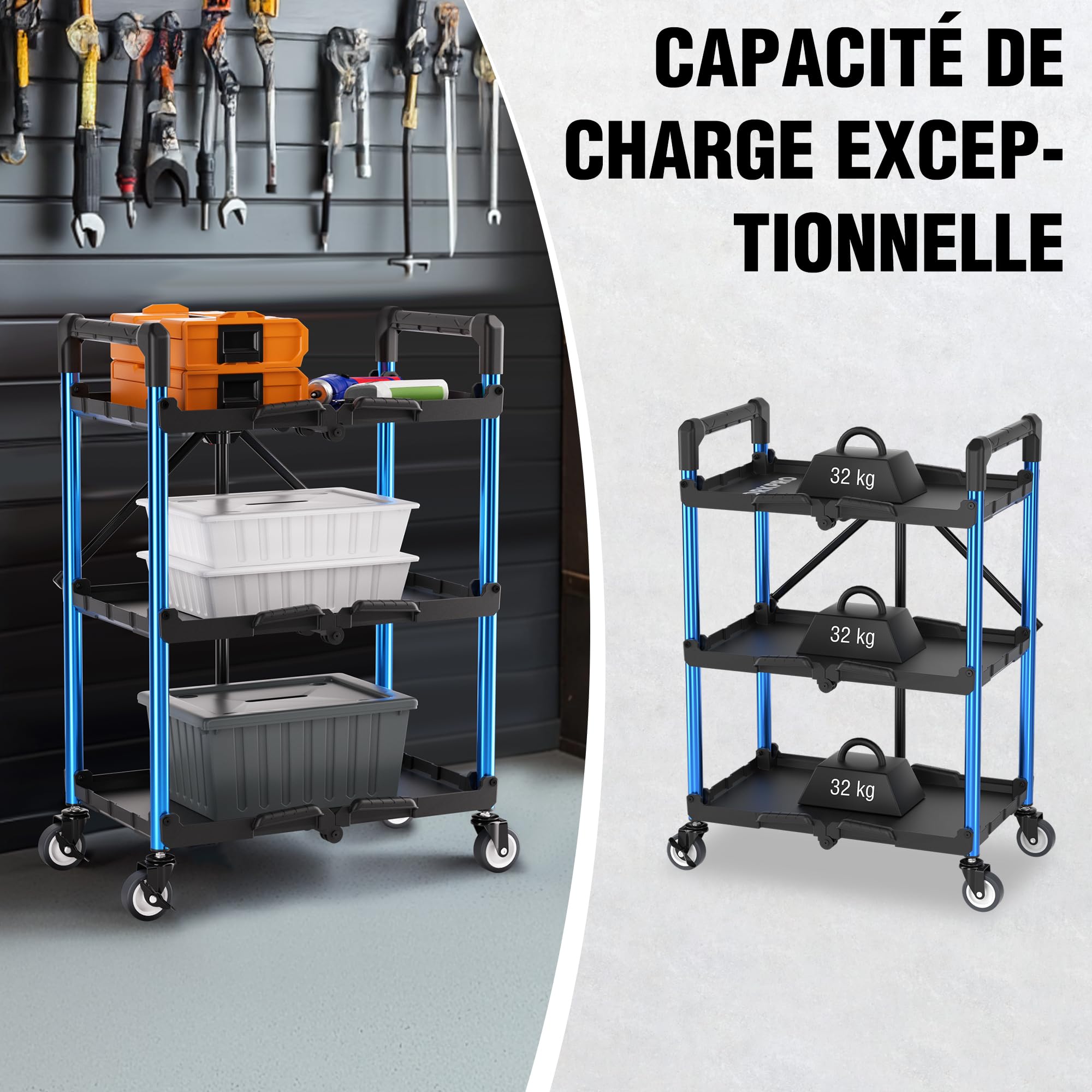 WORKPRO Chariot Pliable à 3 Niveaux, Servante d’Atelier avec roulettes, Étagère de Rangement Mobile sans Assemblage, pour Atelier, Studio d’Art et Galerie