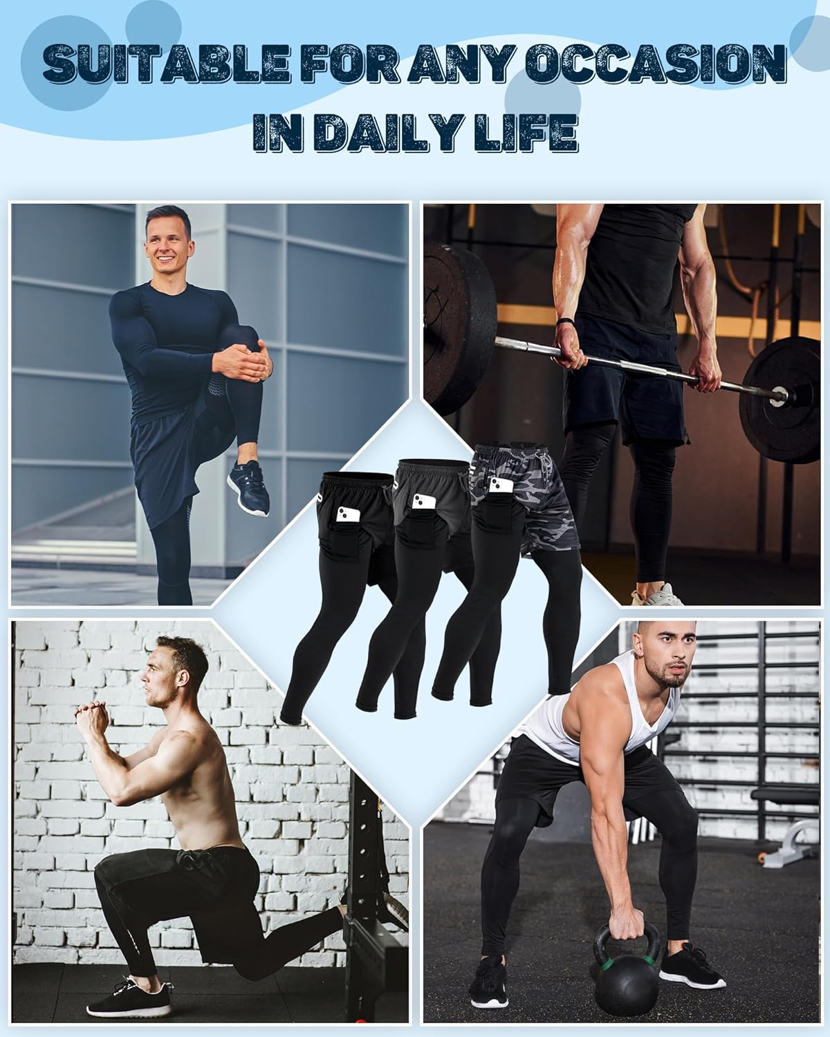 3 Pcs Men's 2 in 1 Athletic Running Pants Quick Dry Workout Compression Pants with Pockets Towel Loop