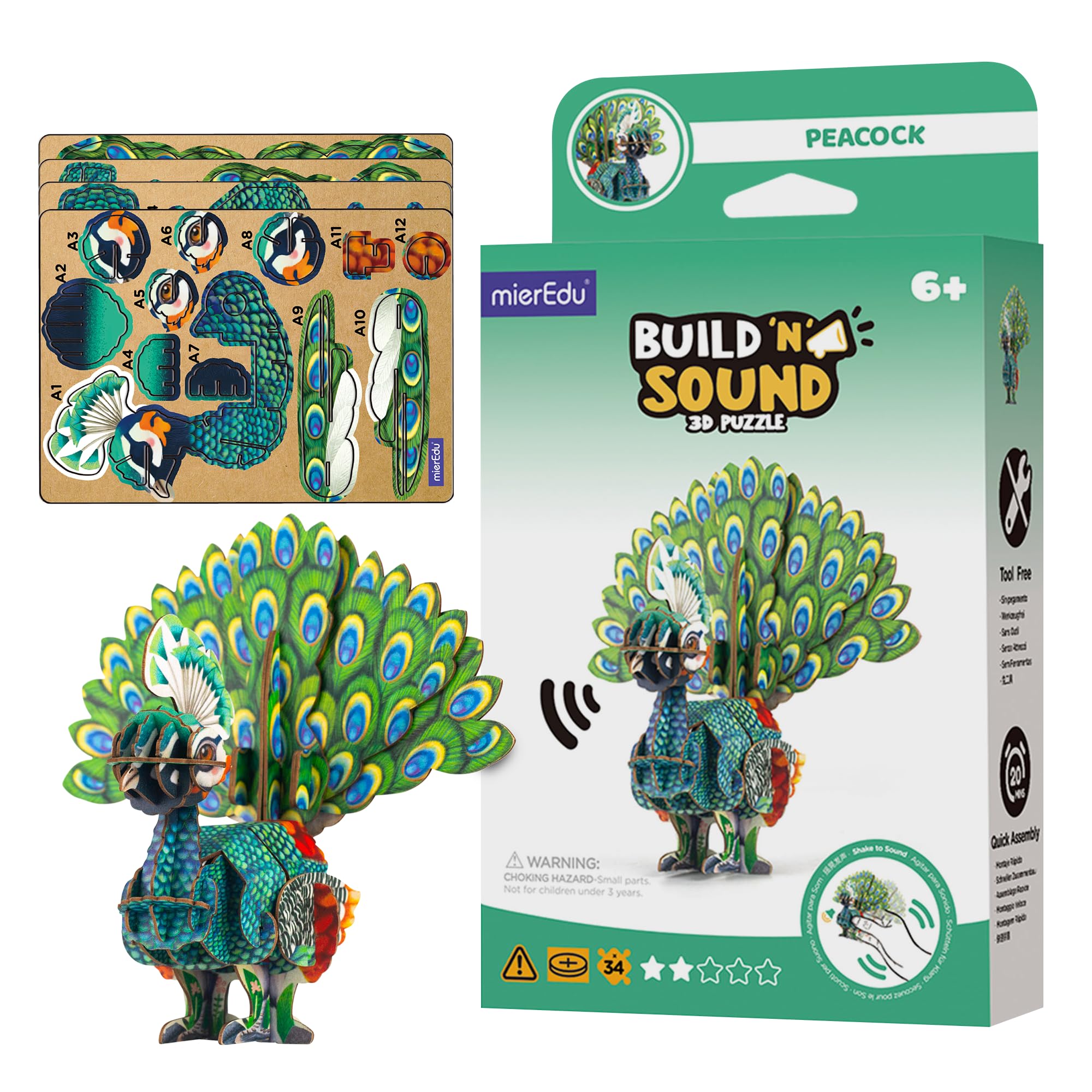 MierEdu Build and Sound 3D Puzzle Peacock Toy- Interactive 3D Animal Puzzle for Kids from 6 Plus — image 1