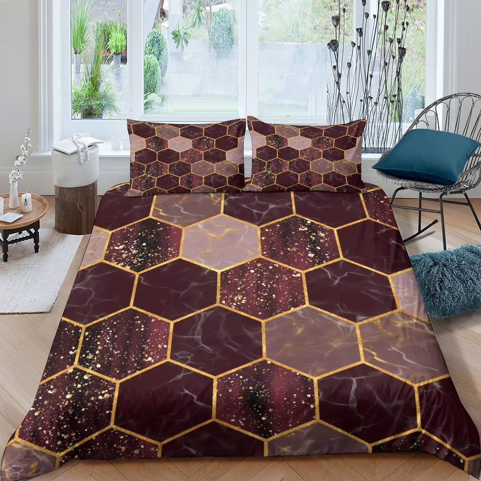 Ctjqhvkz Style-10 3D Printed Geometric Marble Fitted Sheet Microfiber Hexagon Pattern Bed Cover For Bedroom Decor Soft Washable Single（135X200cm）