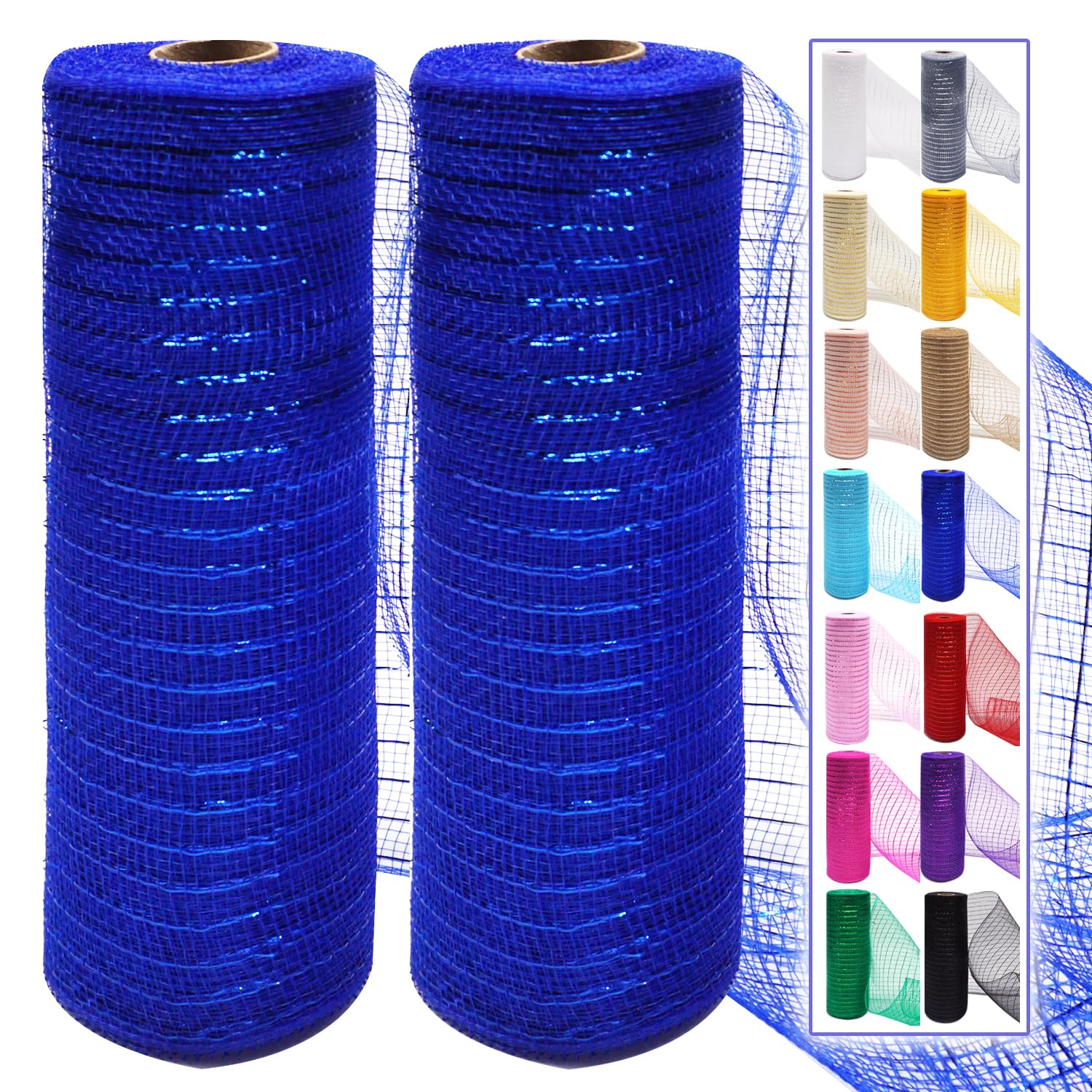 2 Pcs Deco Mesh Ribbon Rolls 10 Inch 10 Yards(30 ft) Decorative Mesh Fabric with Foil for Wreaths Christmas Tree Ribbon Door DIY Craft Halloween Decor Wedding Party Supplies (Royal Blue, 2Pcs)