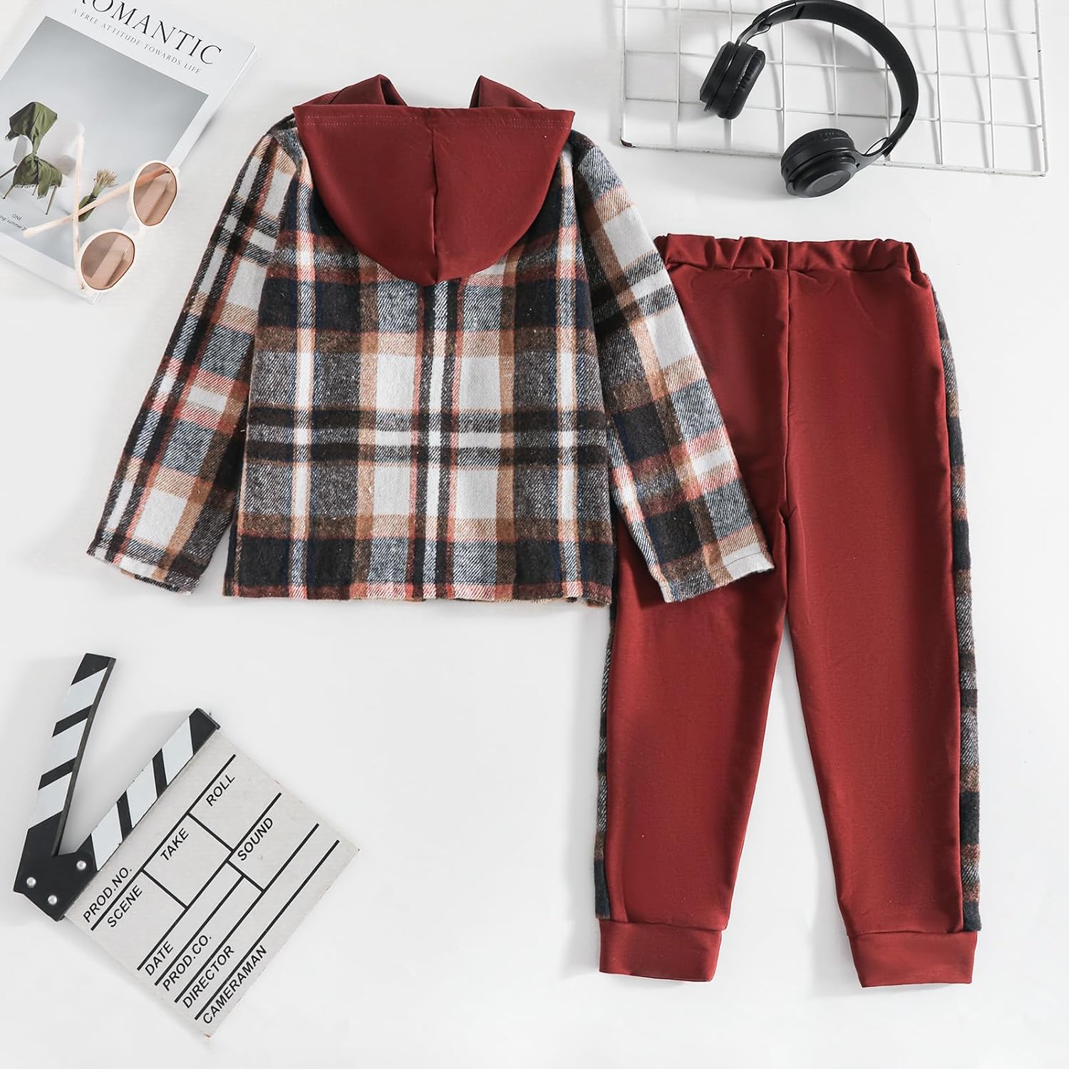Boys Clothes Plaid Hooded Shirt 2pcs Outfit, Button Front Toddler Fall Winter Hoodie & Sweatpants Set, 4-8 years - Image 7
