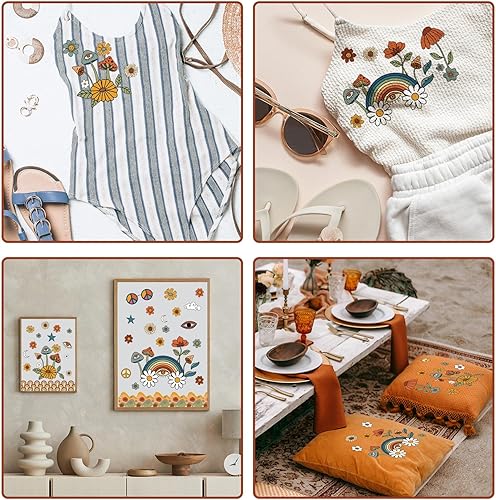 Miniatura 5 de Whaline 12 hojas de vinilo bohemio de transferencia de calor, retro, floral, hippie, groovy, bohemio, arco iris, vinilo adhesivo para manualidades