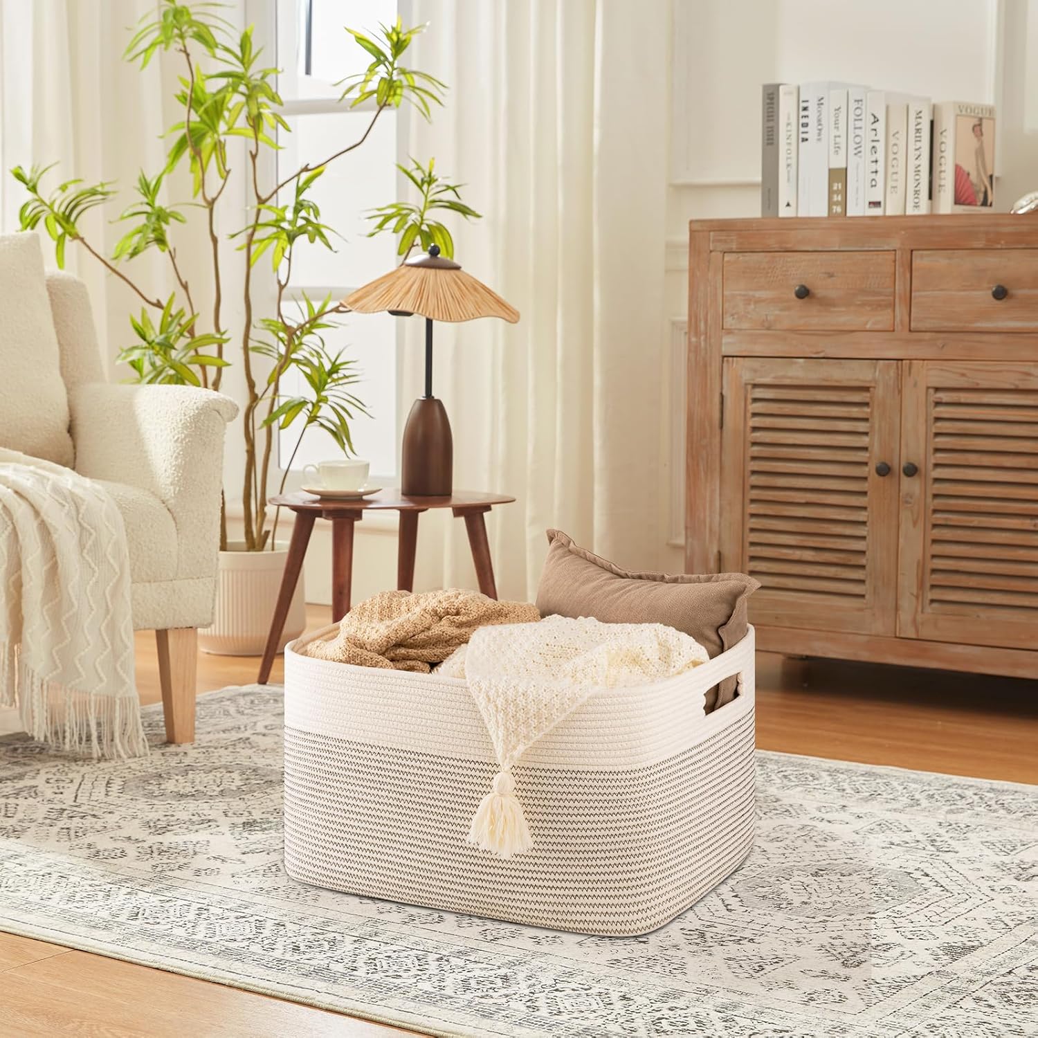 75L Large Blanket Basket, Cotton Rope Woven Storage Basket for Living Room, Toy Bin for Kids, Bedroom, Nursery, Baby Room Decorative Organizer, 22''×17''×12'', Black & White