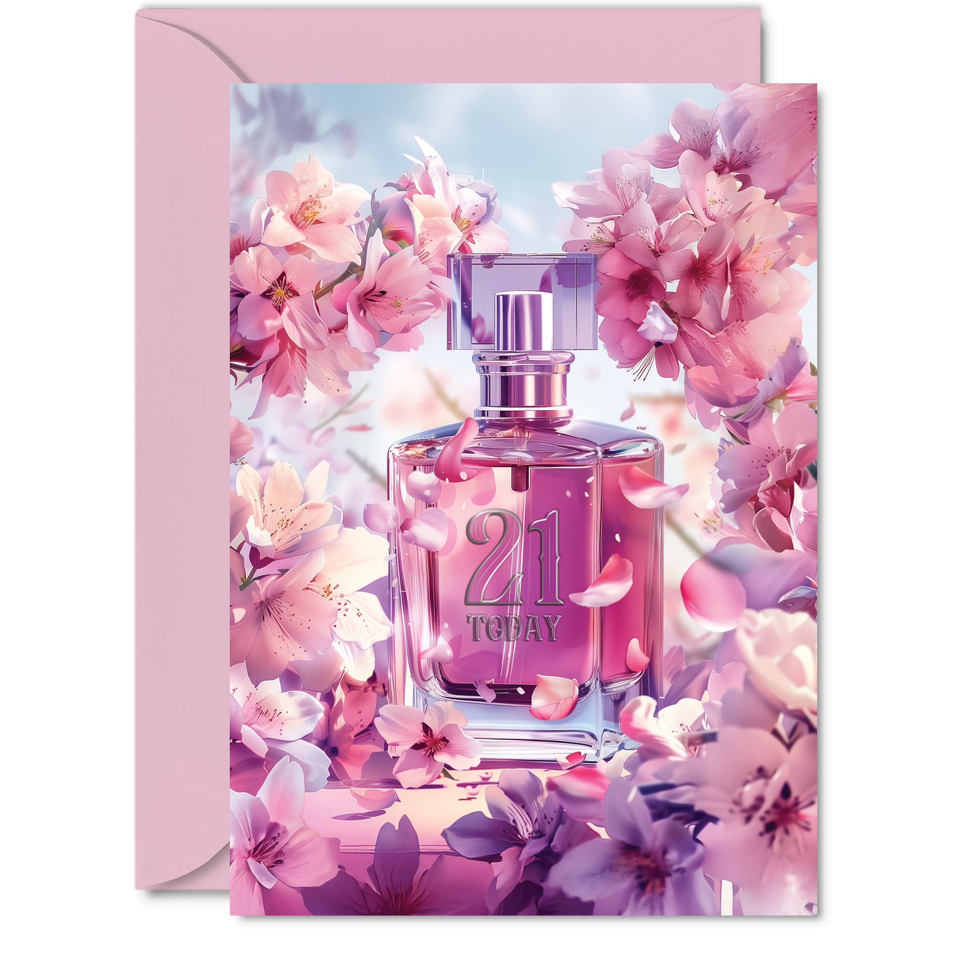 21st Birthday Card for Women - Fabulous Floral Perfume Bottle - Happy Birthday Cards for 21 Year Old Woman, 5x7 Inch Female Bday Greeting Cards