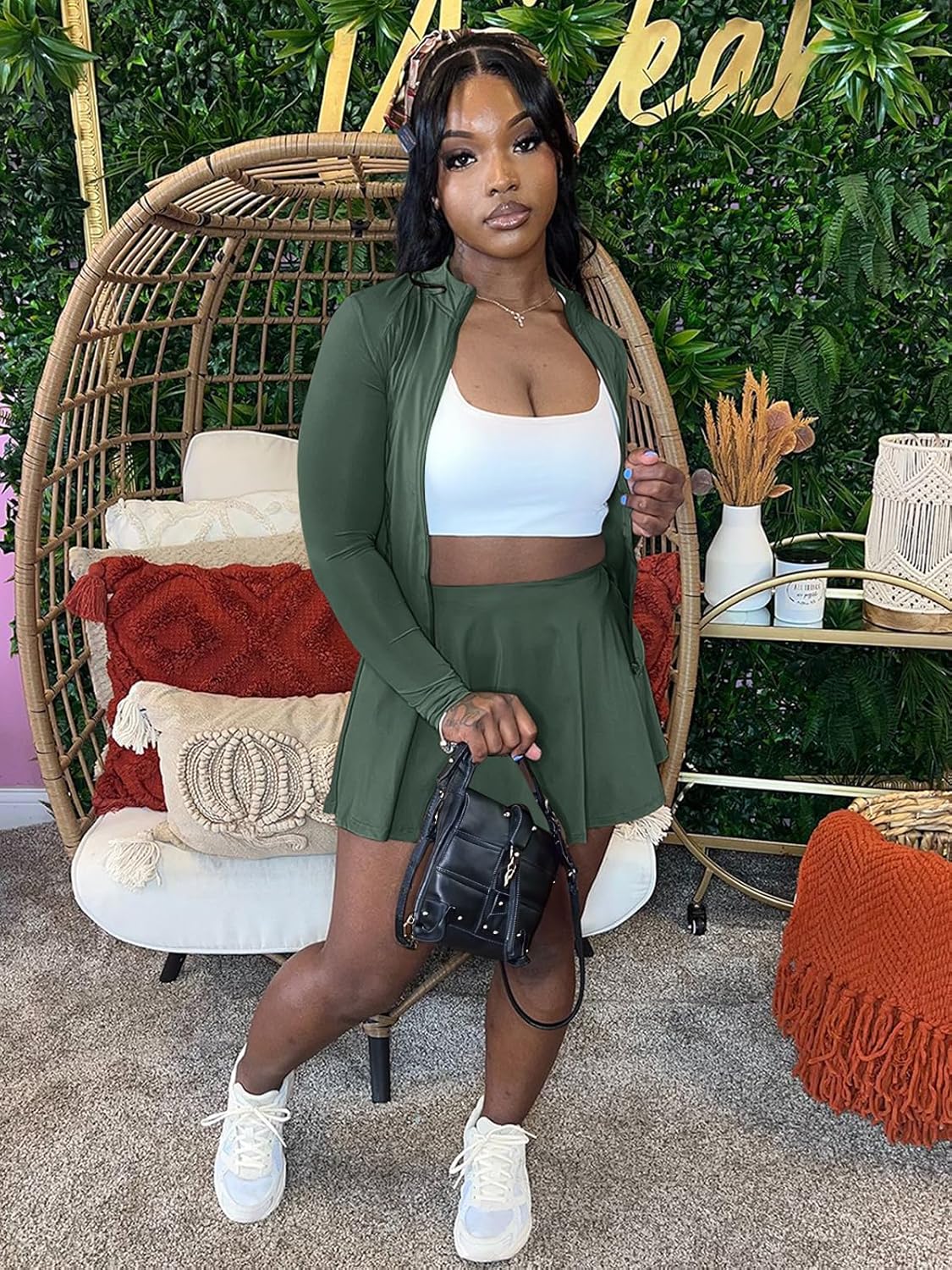 Women 2 Piece Outfits Tracksuit Sets Long Sleeve Zipper Jacket Crop Top and Mini Skirt Skort Set Casual Workout Sweatsuits - Image 3