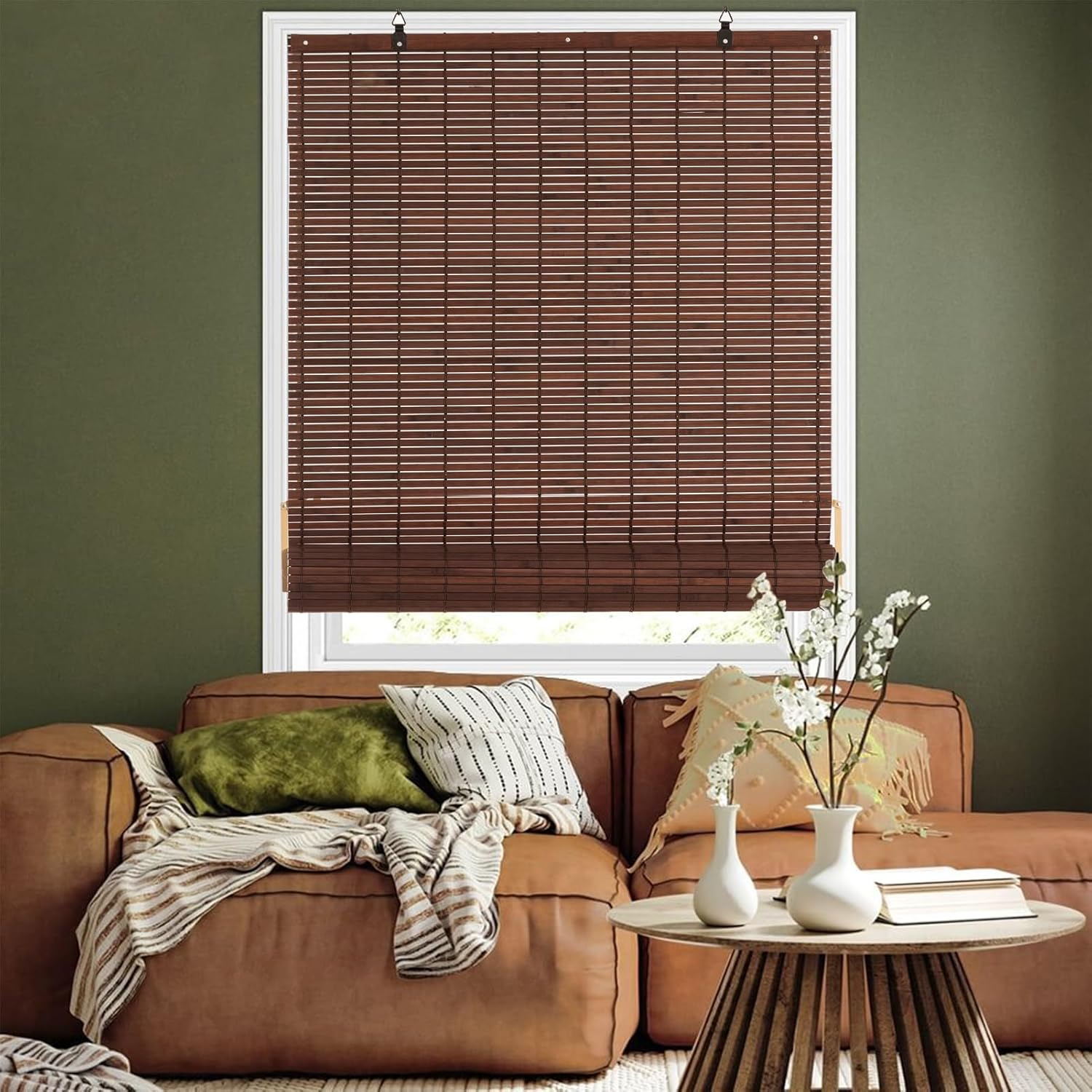 Cordless Bamboo Roman Shades Bamboo Blinds Roll Up Light Filtering Roller Window Curtains for Interior Home Patio Porch Drak Brown 36''W X 72''L