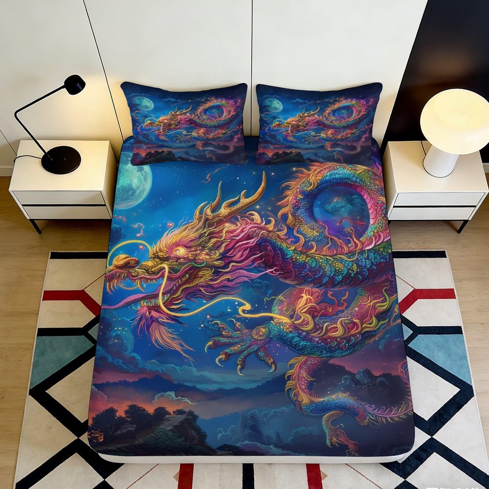 3D Printed Dragon Night Fitted Sheet Microfiber Vibrant Moon Bed Cover for Bedroom Guest Room Dust Protection Decor 90x200x25cm