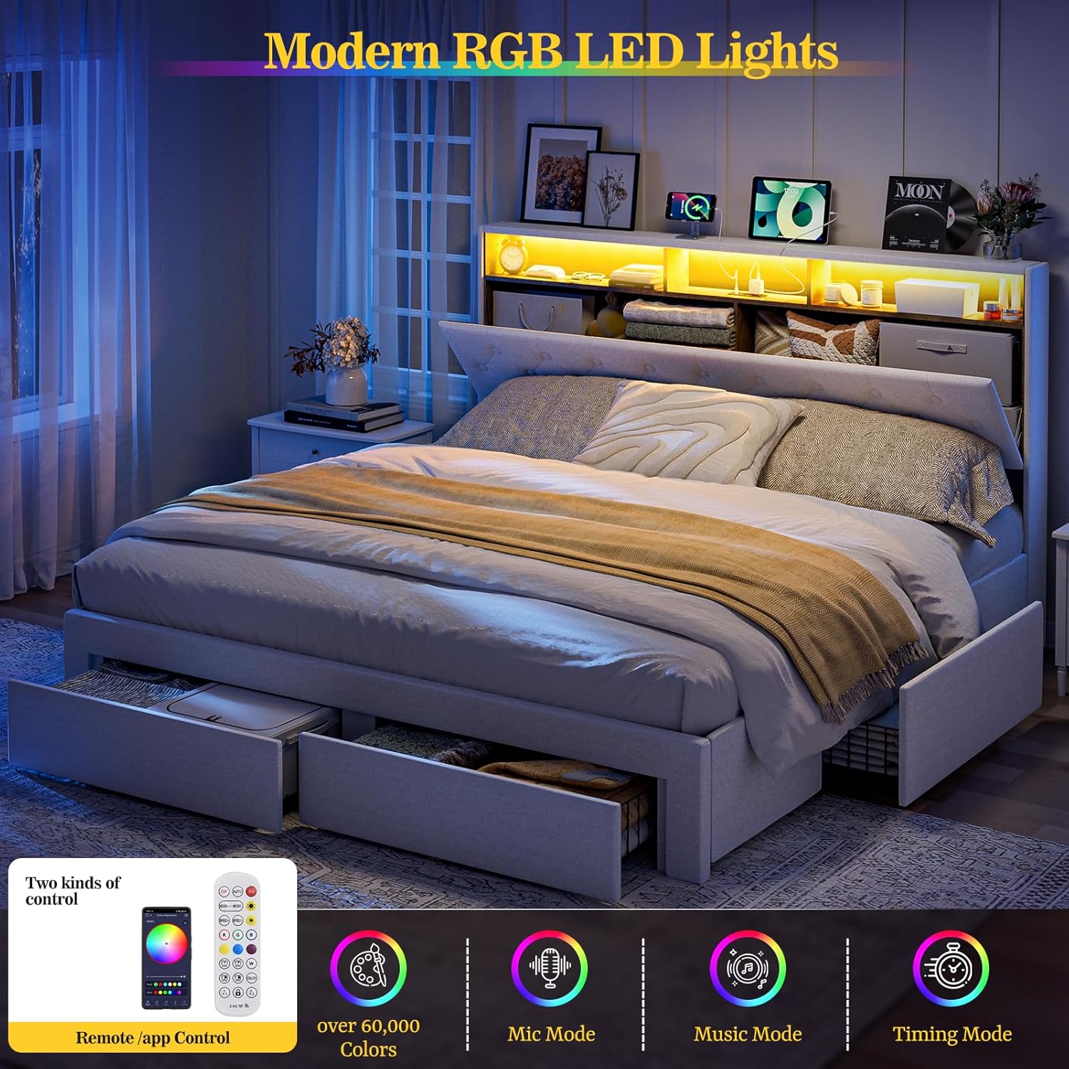 California King Bed Frames with 4 Drawers, Hidden Storage Headboard with LED Lights and Charging Station, Upholstered Cal King Platform Bed, Noise Free, No Box Spring Needed, White