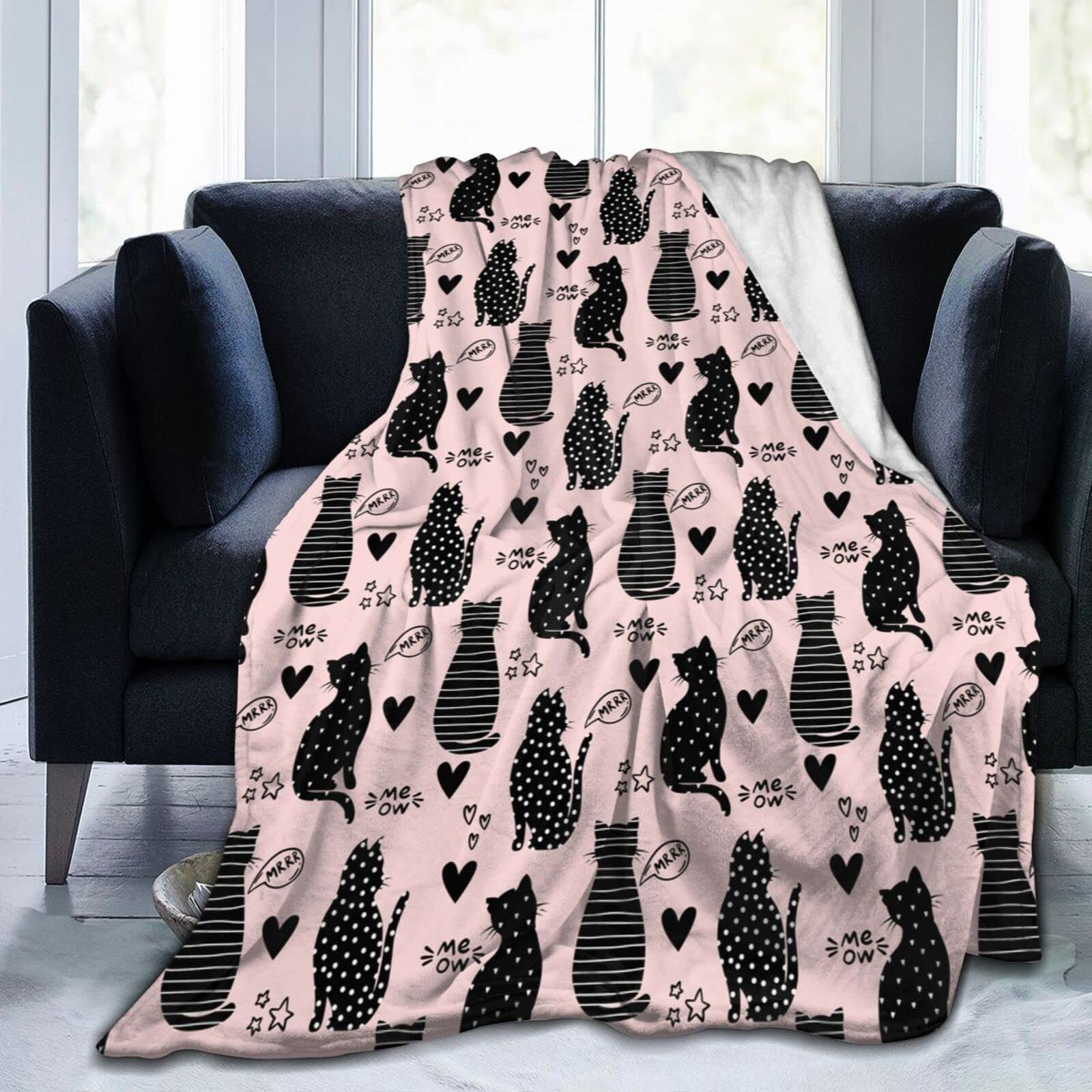Lsjuee Funny Black Cats and Hearts Throw Blanket Soft Cozy Lightweight Blankets Cute Animal Cat Flannel Blanket for Sofa Couch Bed Office 50"X40"