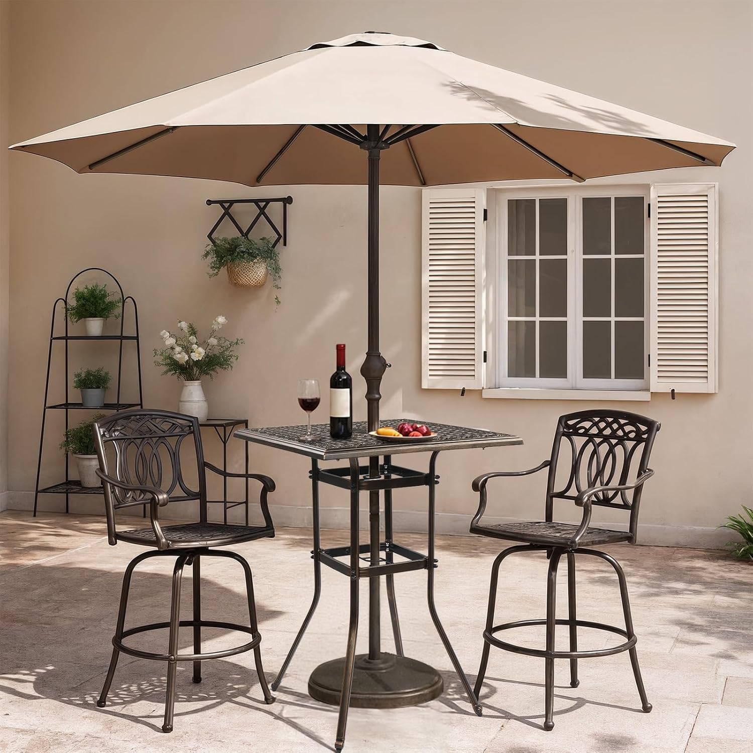 Outvita Outdoor Bar Table, Cast Aluminum Patio Bar Table with Umbrella Hole 42" Height Square Bistro Table Tall Dining Table