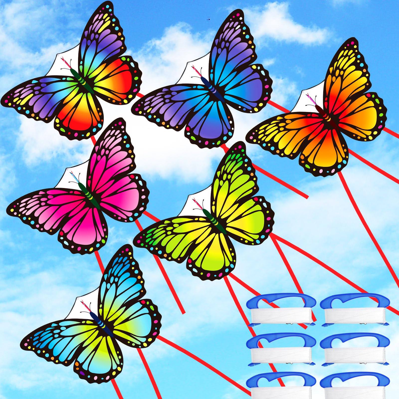 Silipull 6 Pcs Kites Butterfly Kite 55" x 28" Large Kites with 328ft String Colorful Beach Kite for Adults Beginner Outdoor Supplies