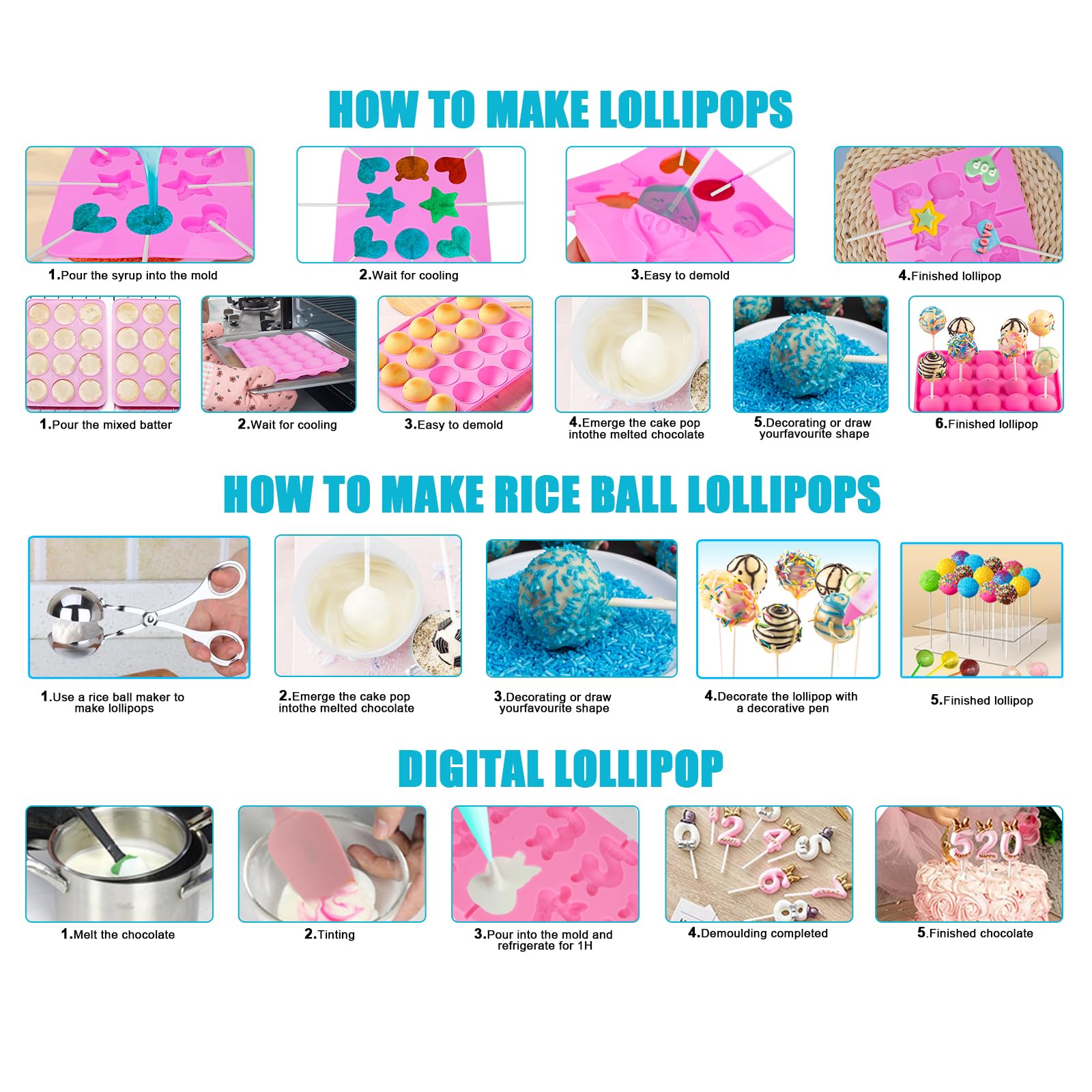 Cake Pop Maker Kit 336-teilig mit 5 Silikonform-Sets – 3-stöckiger Präsentationsständer, Schmelztopf für Schokolade, Süßigkeiten, Spritztüllen und Koppler, Messbecher, Muffin-Cupcakes,