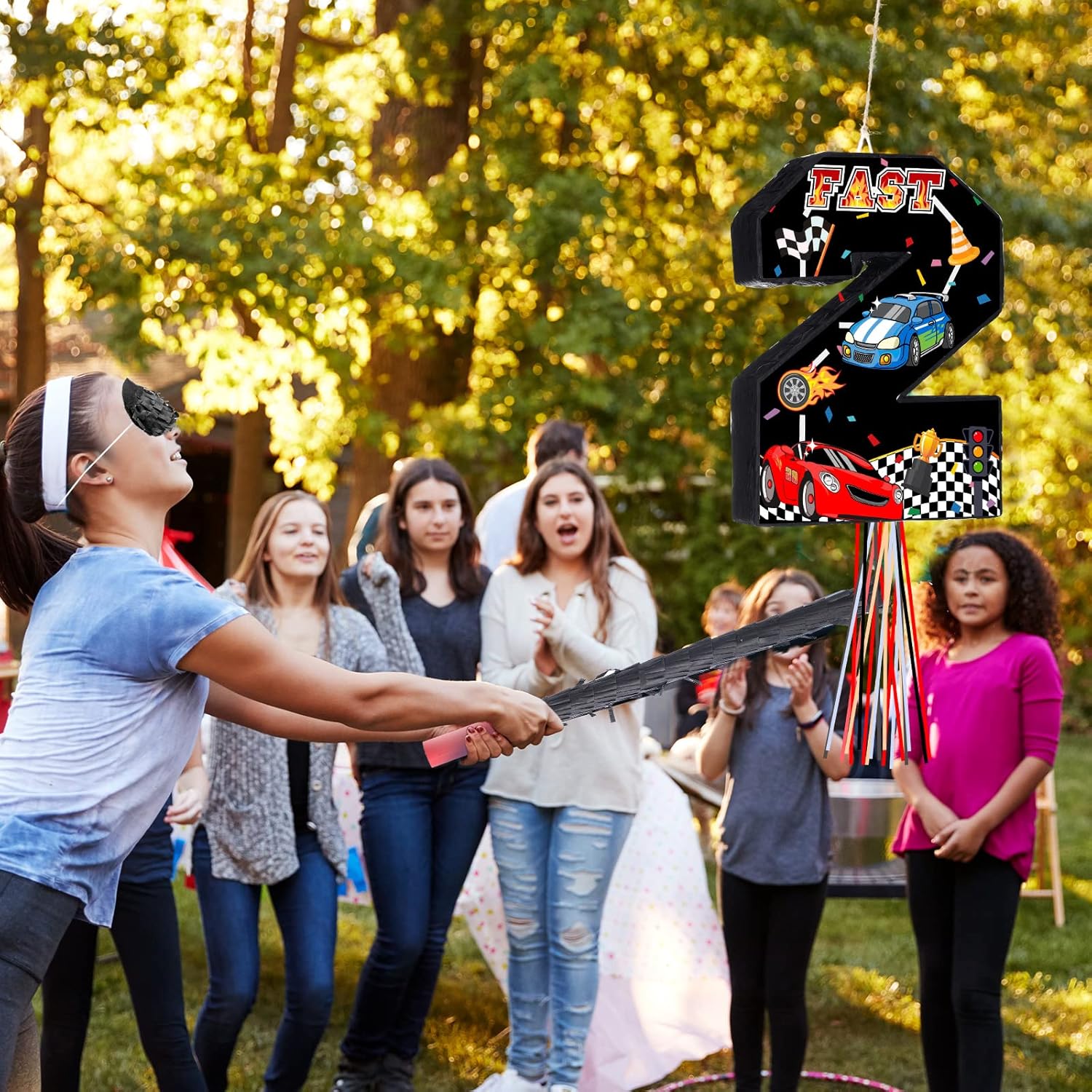 Race Car Piñata Pull String Cars Piñatas for Birthday Party Decorations Number 2 3 4 5 6 with Blindfold Stick Small Red Black Racing Theme 2nd 3rd 4th 5th 6th Party Supplies(Number 2)
