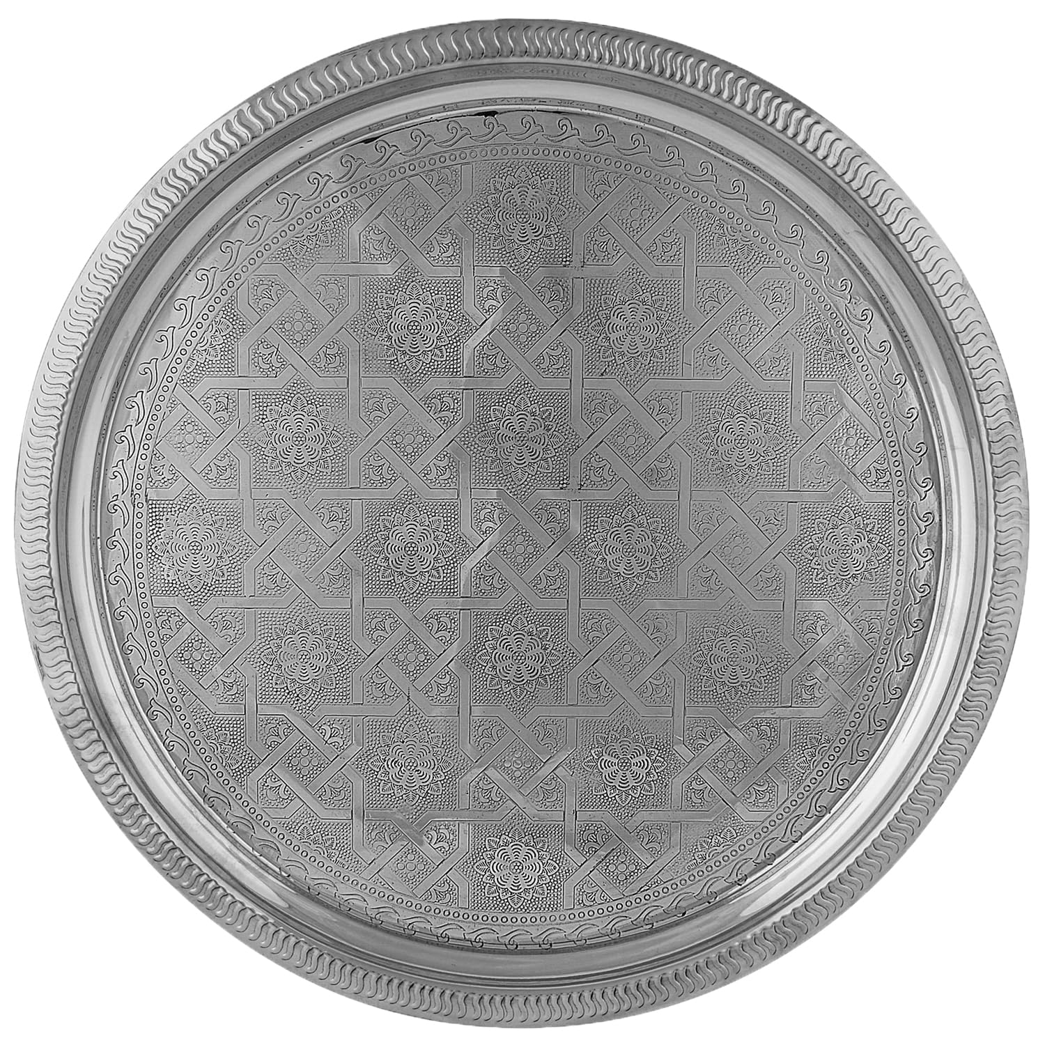 Orientalisches Serviertablett Nacera rund aus Metall in Silber 38 cm