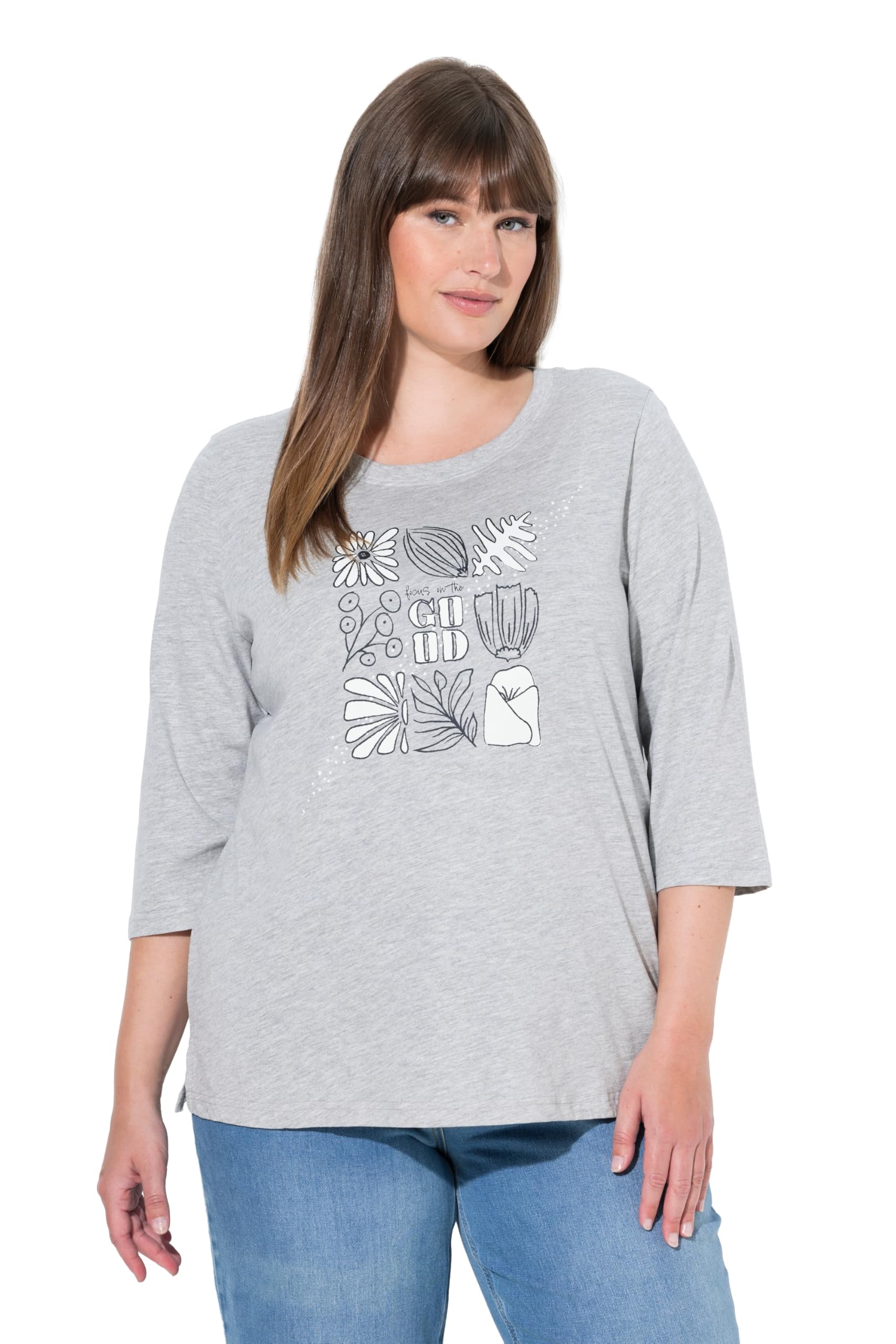 Ulla Popken Damen große Größen Übergrößen Plus Size Shirt, Blätter, Rundhals, 3/4-Arm, Biobaumwolle 845683