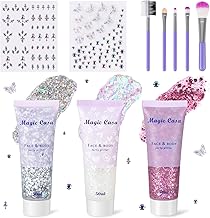 DazSpirit 3 Stück Body Glitter Gel mit 2x Glitzersteine Selbstklebend und Pinsel, DIY Glitzer Strasssteine Gesicht Festival, Sequins Chunky Glitter Gel und Steine für Make Up (Weiß, Silber, Rosa)