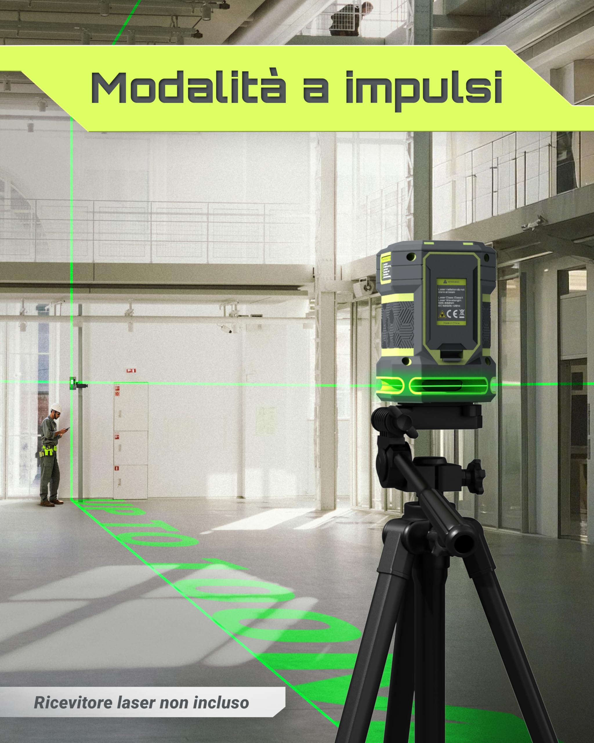 LASGOO Livella laser verde autolivellante, laser orizzontale 360° e linea verticale, 4 livelli di luminosità, modalità impulso, staffa a L, batterie e borsa incluse