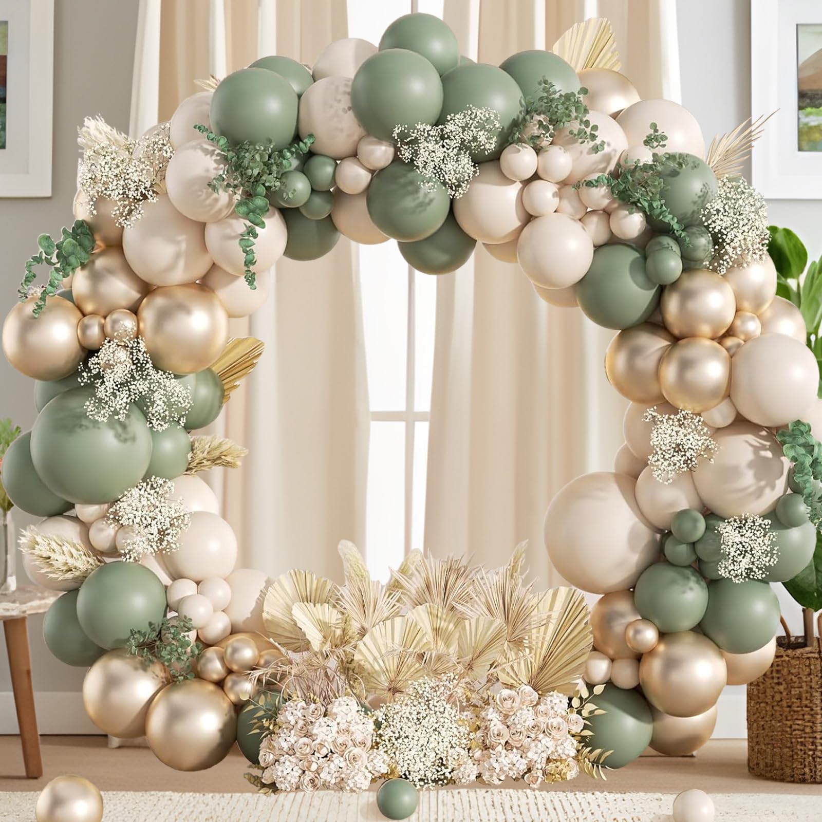 Kit Arco Palloncini Verde Salvia, 108pcs Palloncini Compleanno Verdi Con Verde Avocado, Oro Champagne e Sabbia Bianco Palloncini Per Compleanno, Baby Shower, Battesimo Bambino, Addobbi Matrimonio