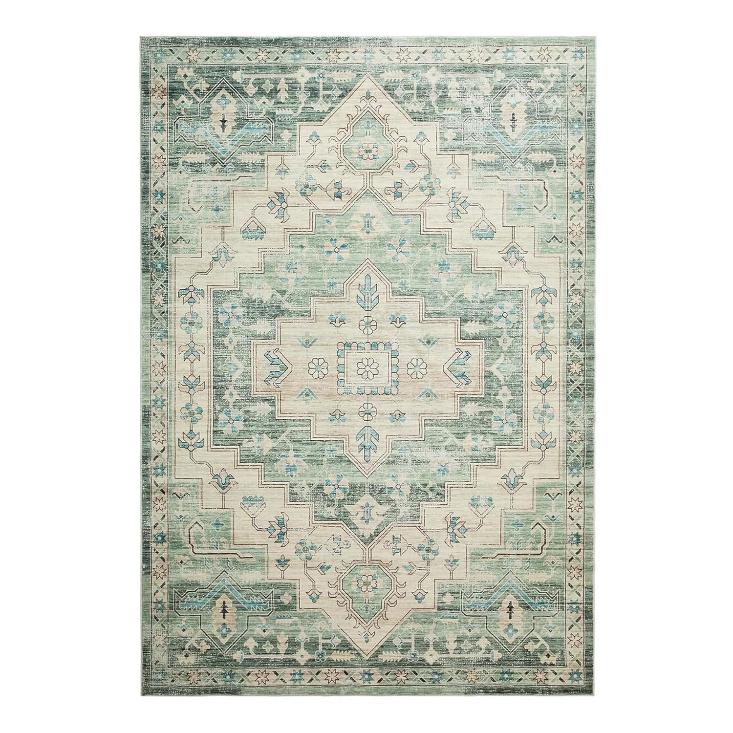 Tapis Salon Moderne Poils Ras, Salle de séjour, Chambre Adulte, Chambre Ado,Motifs géométriques orientaux Verts, Bleus, Beiges et Gris, 150 x 200 cm