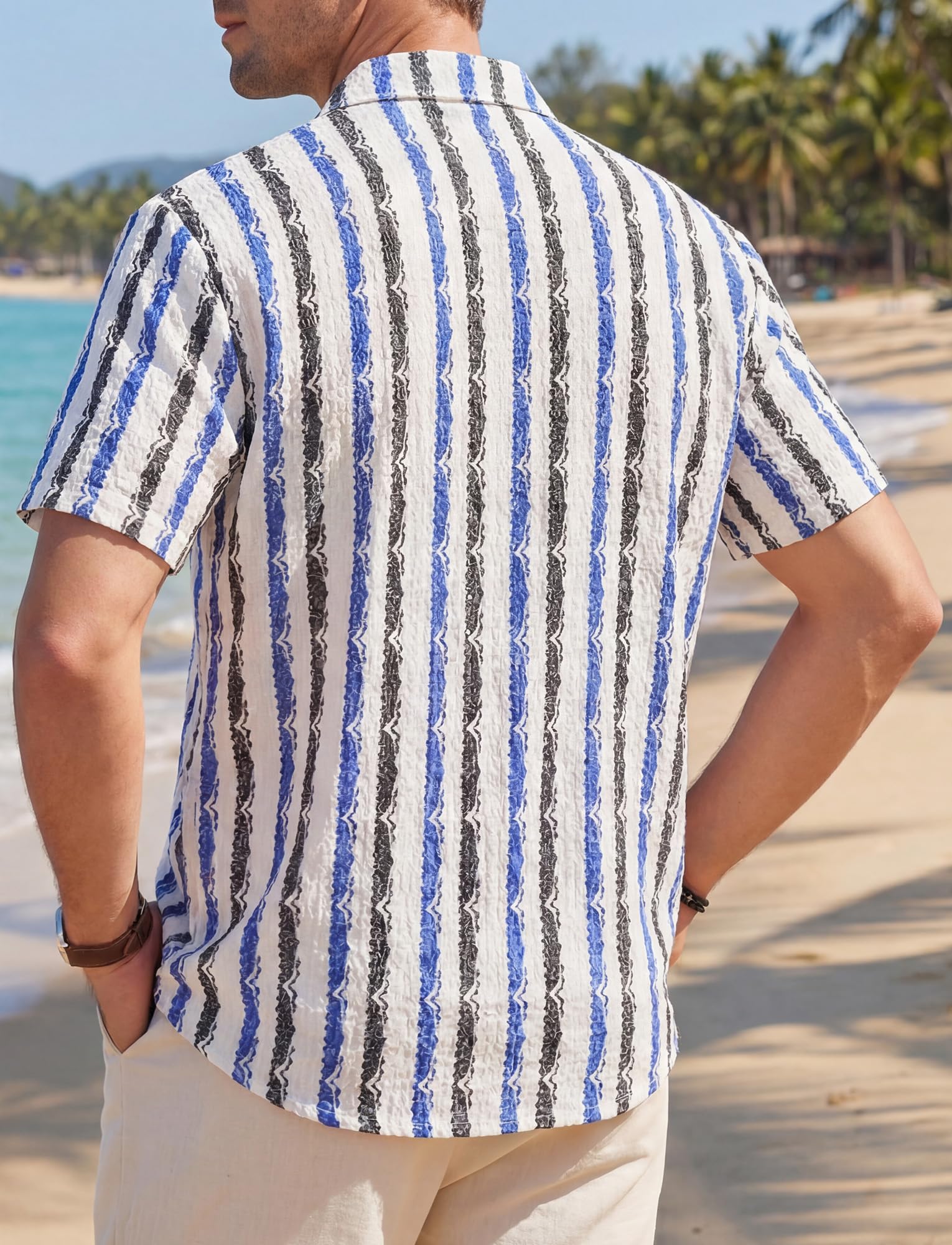 AIEOE Camicia hawaiana da uomo, effetto maglia, a righe, stile retrò, casual, con bottoni, colletto a risvolto, per le vacanze, per il tempo libero, taglie S-XXL