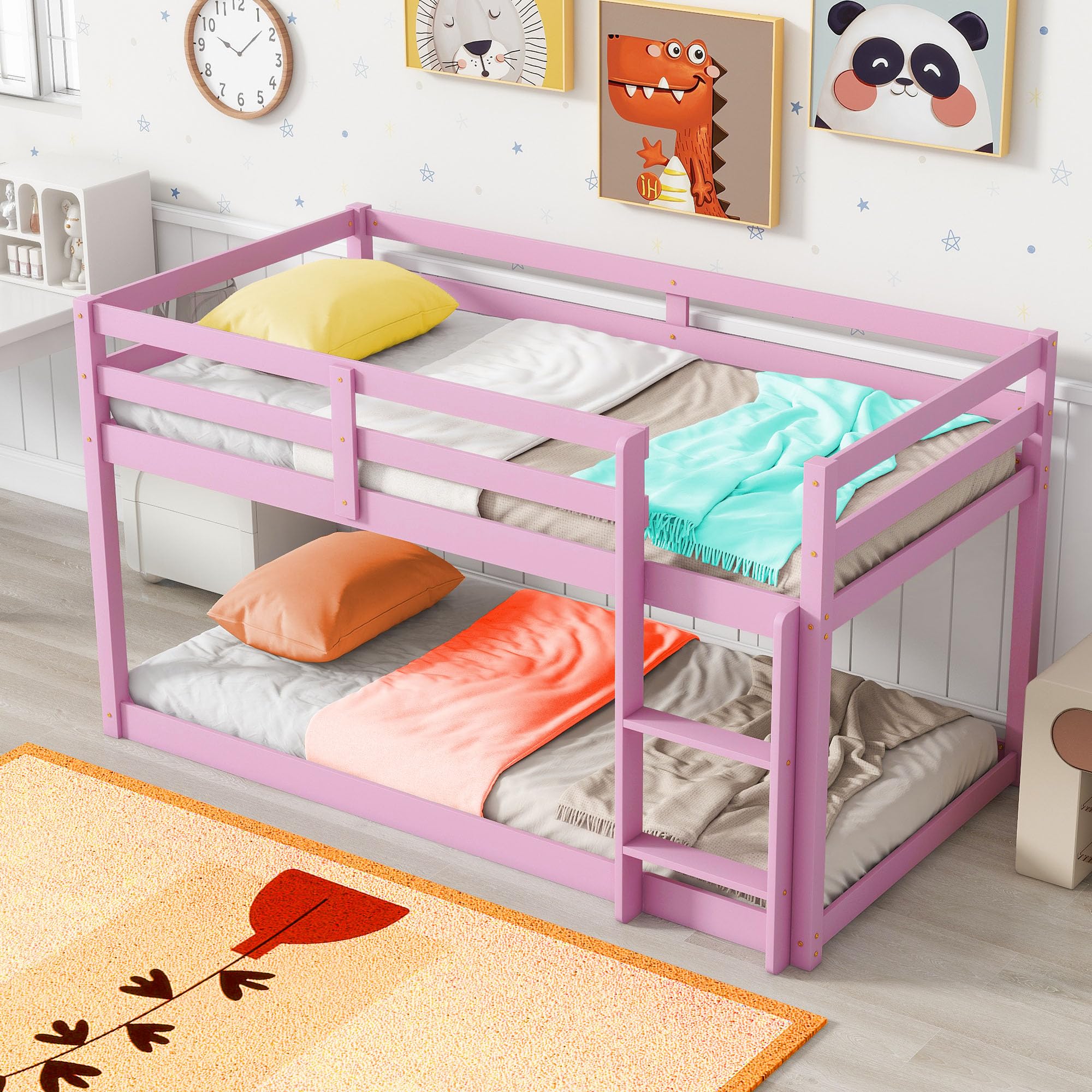Anwick Twin Over Twin Low Bunk Bed with Stairs and Rails, Wooden Bunk Beds Frame with Safety Guardrail and Slats for Toddlers, Kids, Teens, Boys,