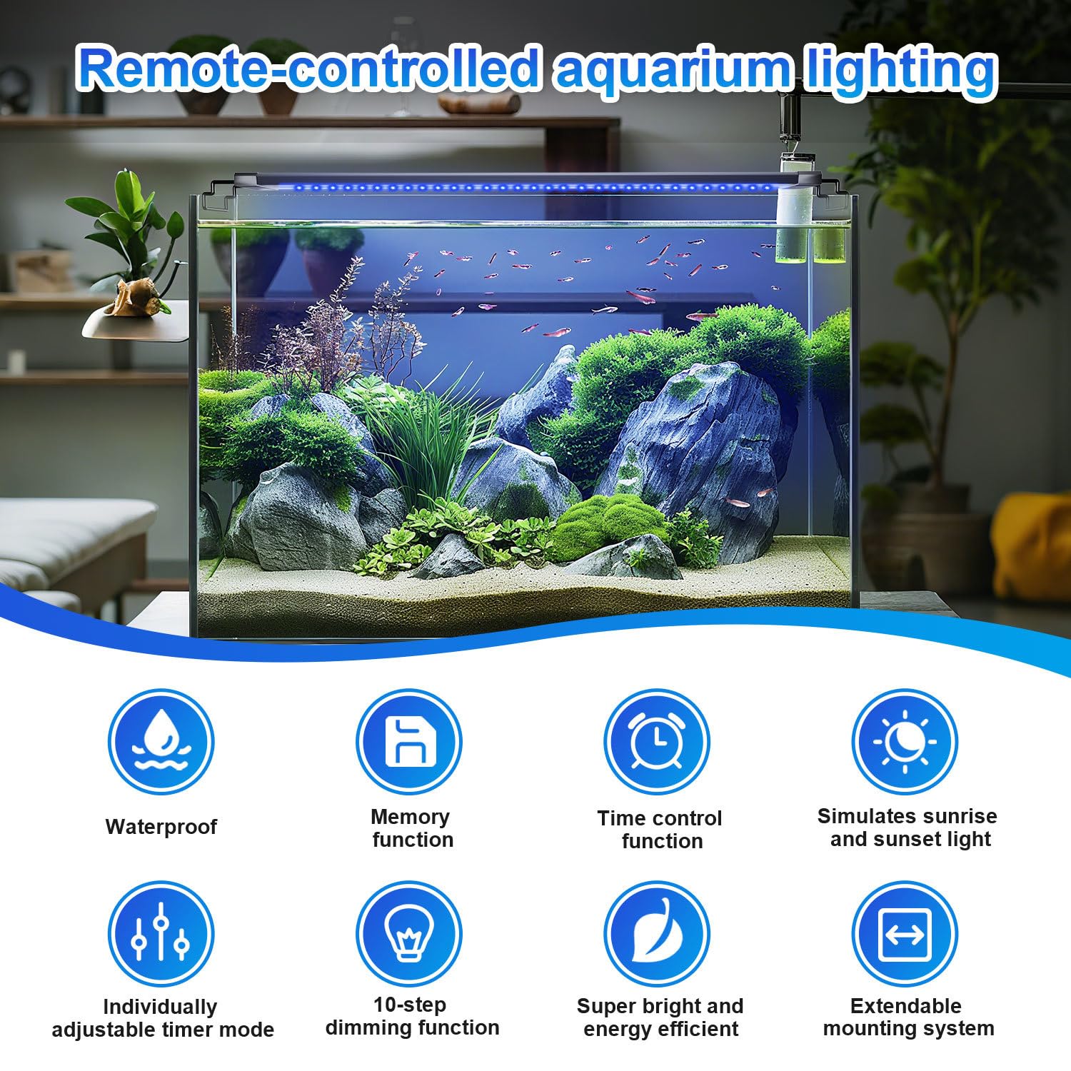 Aquarium LED Beleuchtung, 24/7 Vollspektrum Aquarium Licht, 10 Helligkeitsstufen Dimmbar, 30W Aquariums Pflanzenlicht mit ausziehbarer Halterung, für 90-120cm Fischtank