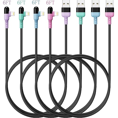 Cable Lightning, 4 colores, 4 unidades, de 6 pies, cable de carga rápida de 90 grados, certificado MFi de Apple para iPhone SEXsXS MaxXRX8 Plus76