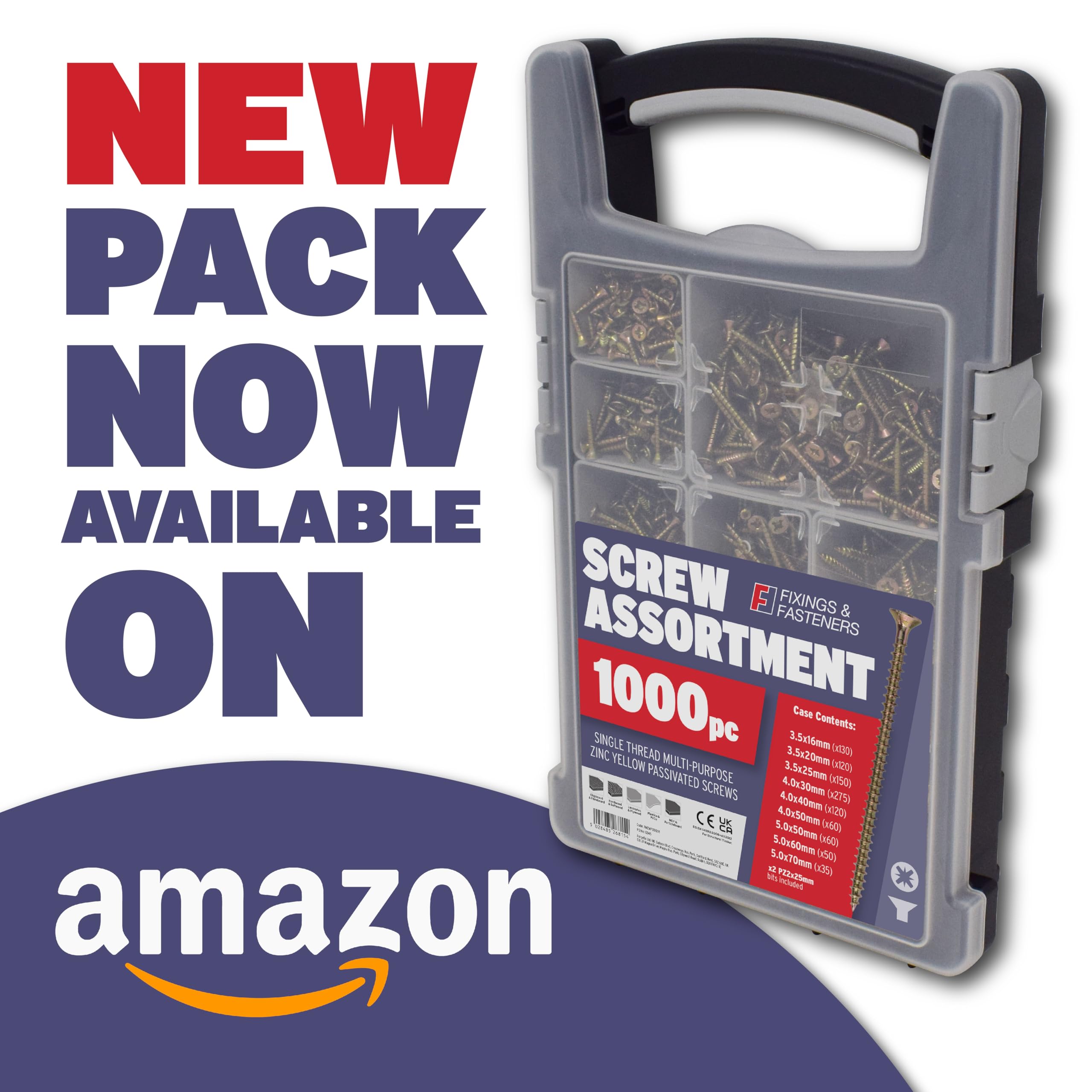 Forgefix Assortimento di viti da 1000 pezzi con rivestimento passivato in zinco giallo per resistenza alla corrosione, include custodia organizer con 9 tazze rimovibili e 2 punte PZ2 x 25 mm