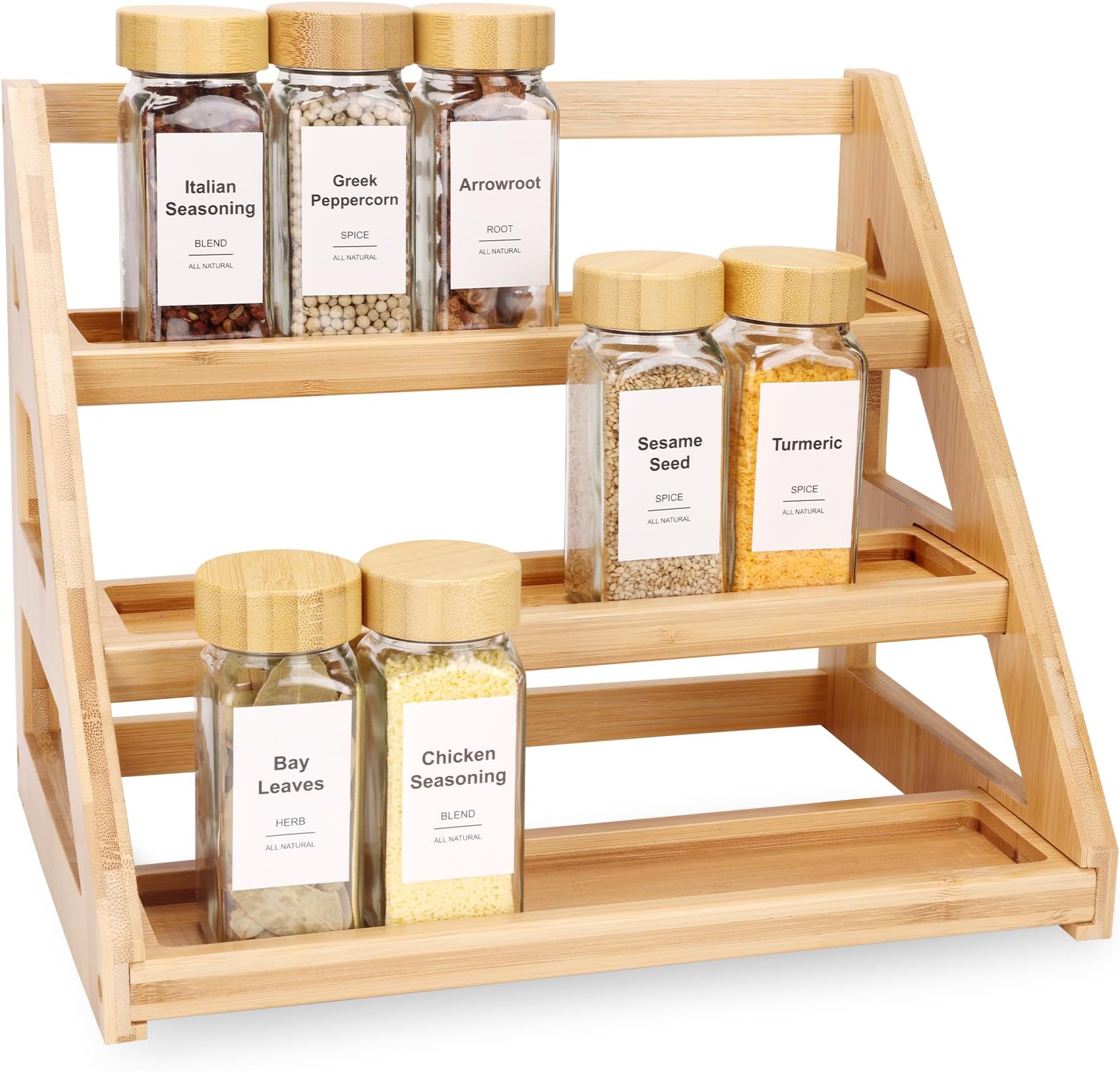 MNADSFKJ Spice Rack, Spice Organizer -3 Tier Bamboo Spice Racks, Solution for Spice Storage in Kitchens, Countertops，Storage Rooms and Other Places