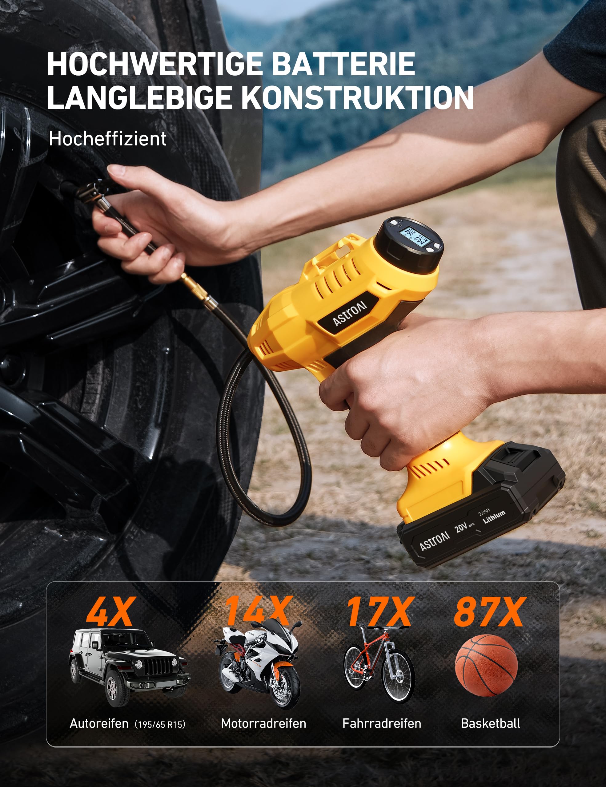 AstroAI Akku Kompressor, 160PSI Luftkompressor Auto mit 20V Akku & 12V DC | Akku Luftpumpe Auto mit Metallzylinder, Auto-Stopp, LCD-Display für Große PKW, SUV, MPV, Motorräder und Fahrräder